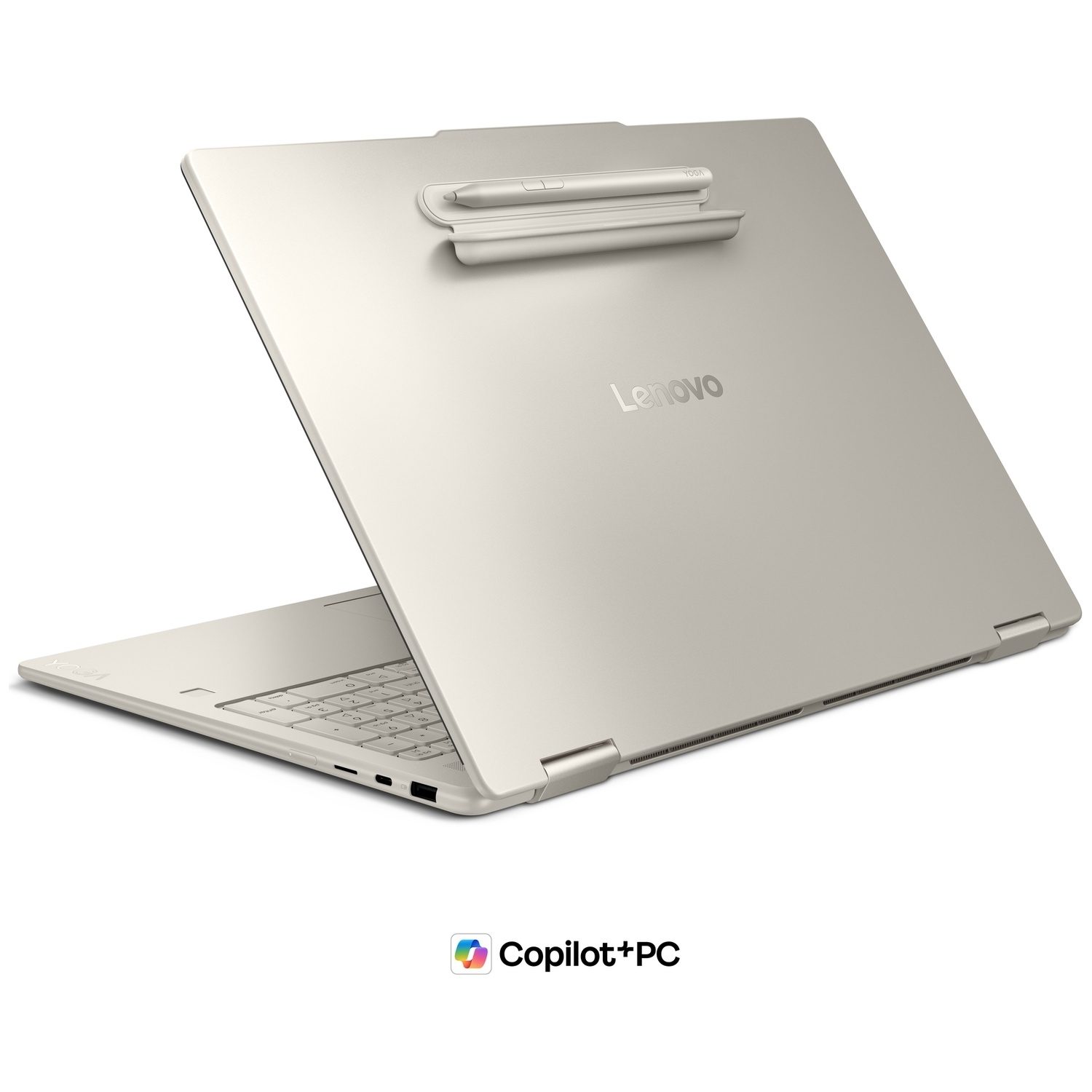 Un ordinateur portable Lenovo Yoga argenté en position tente avec un stylet à l'arrière.