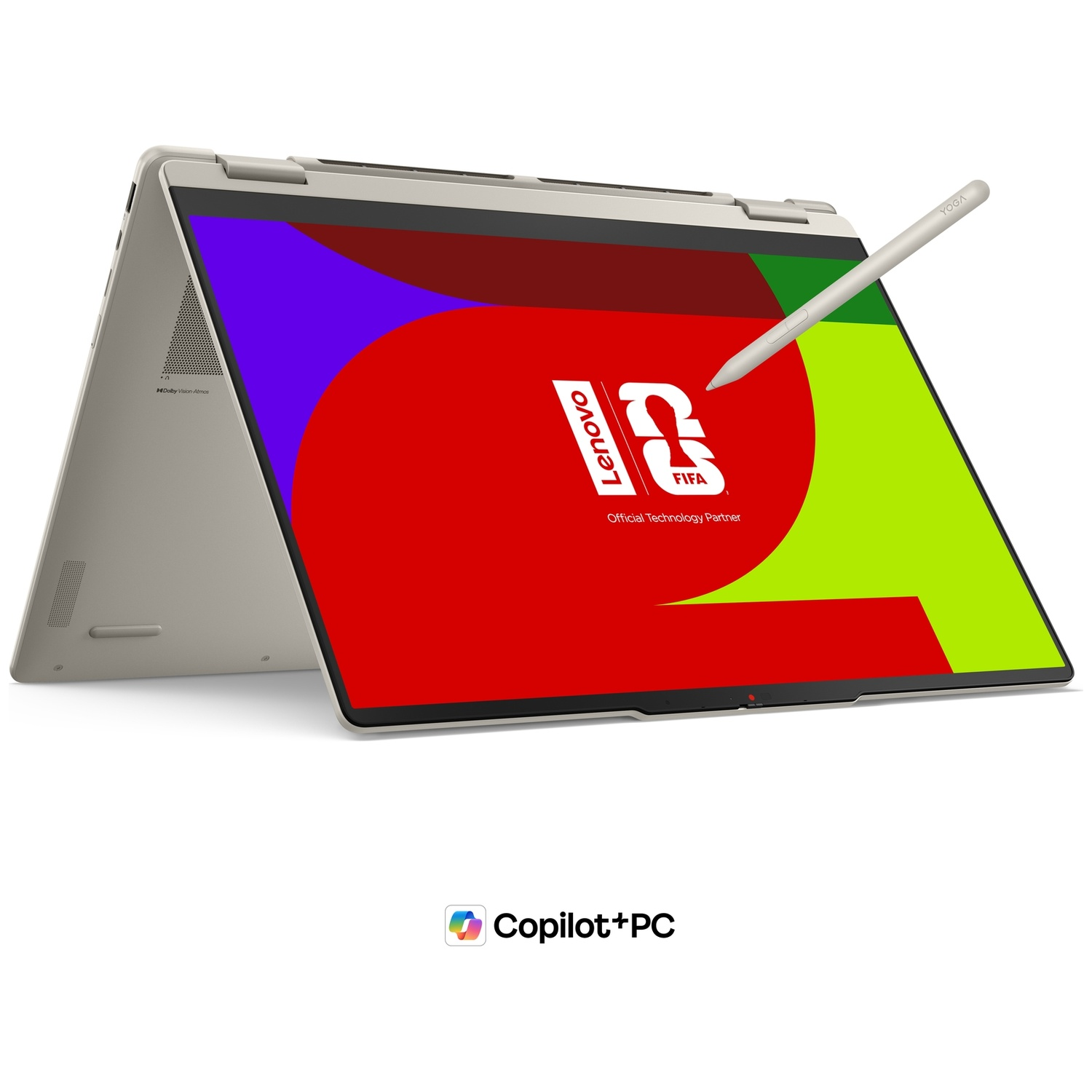 Ordinateur portable Lenovo Yoga en mode tente avec un stylet près de l'écran affichant un graphique FIFA coloré.