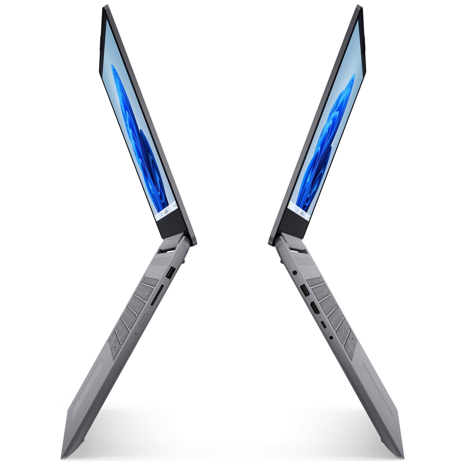 Deux ordinateurs portables gris vus de profil, inclinés vers le haut sur fond blanc.