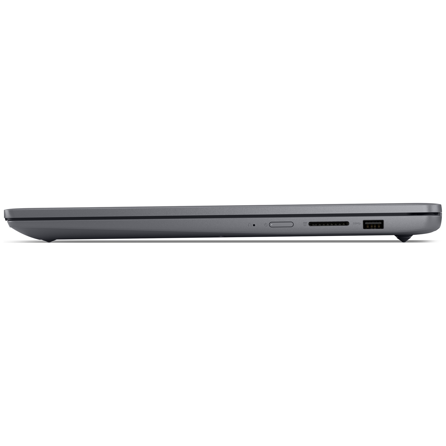 Vue latérale d'un ordinateur portable gris montrant des ports dont USB et audio.