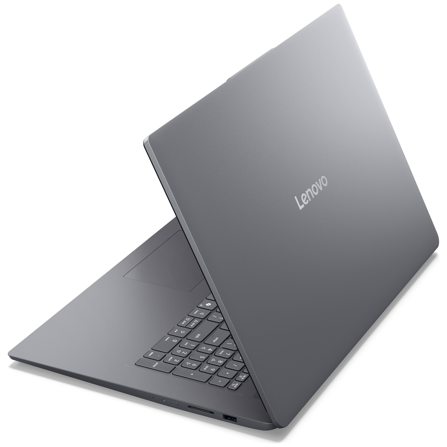 Un ordinateur portable Lenovo gris est légèrement ouvert sur fond blanc.