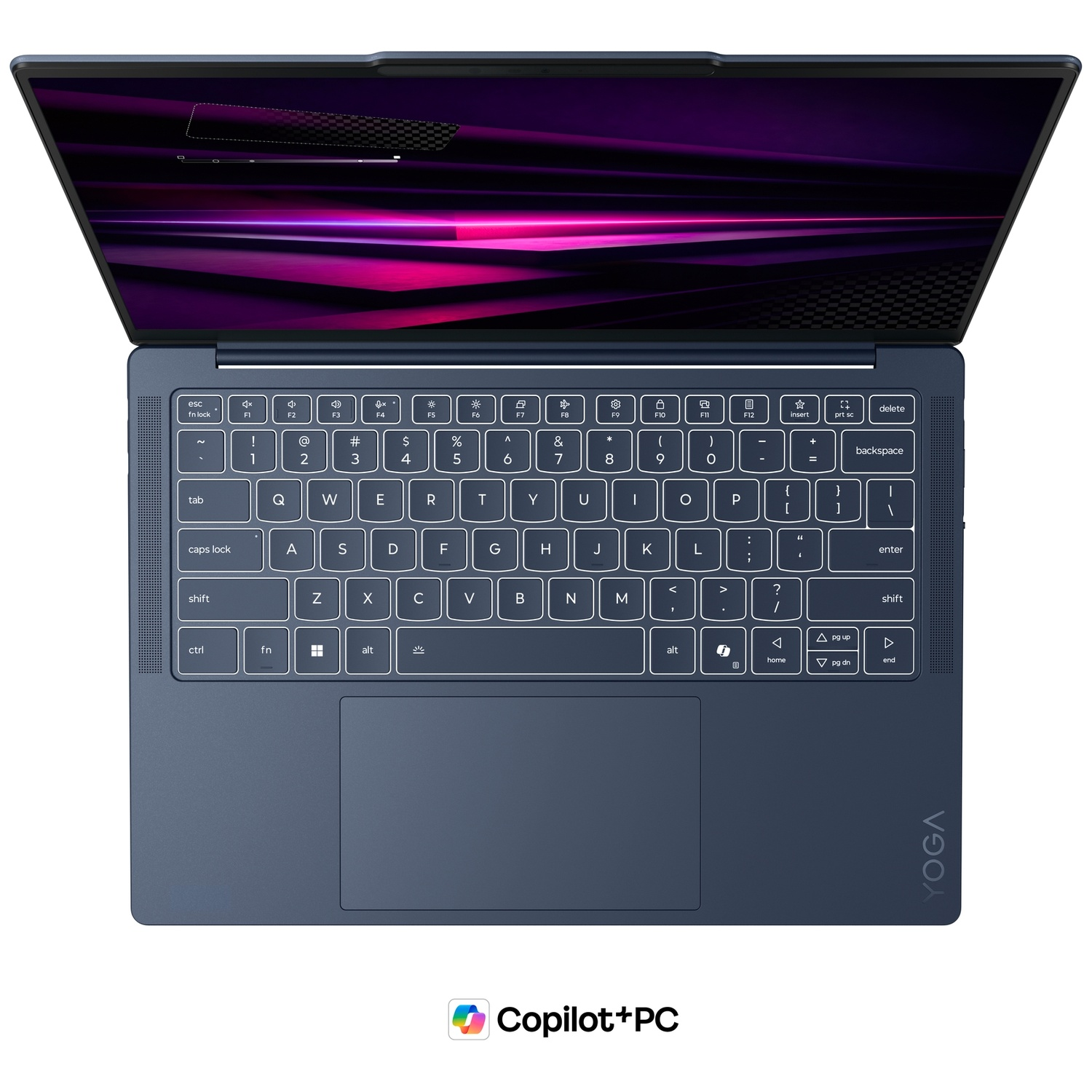 Ordinateur portable bleu foncé vu du dessus, avec clavier rétroéclairé et écran violet.