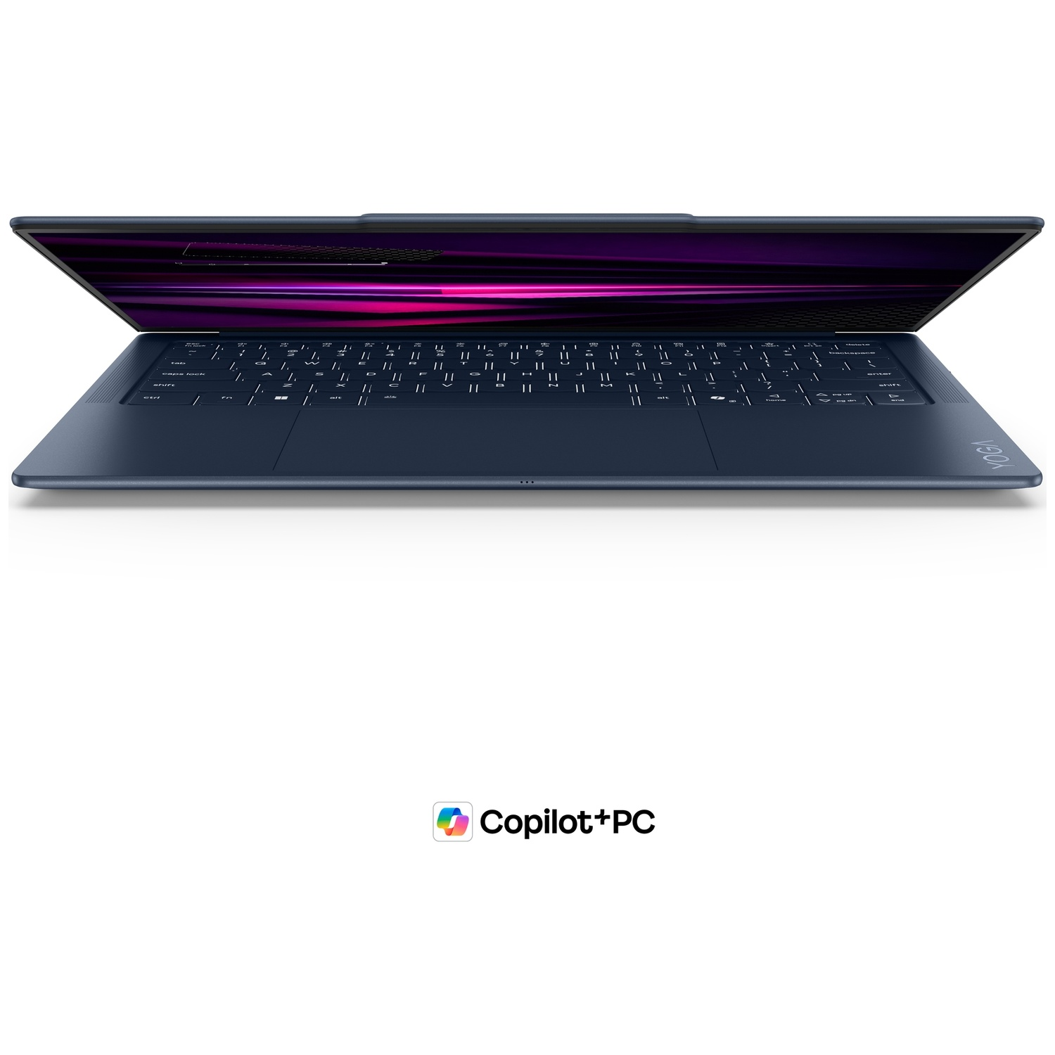 Vue de face d'un ordinateur portable bleu avec écran éclairé et logo Copilot+PC en bas.