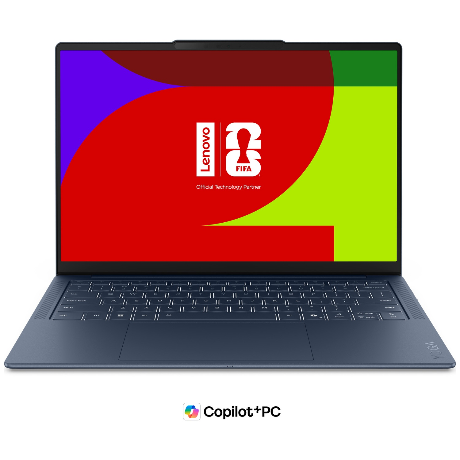 Ordinateur portable Lenovo affichant un fond d'écran coloré de partenariat avec la FIFA et un clavier bleu.