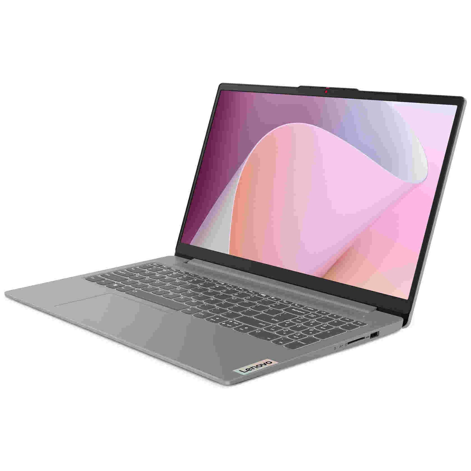 Un ordinateur portable Lenovo gris sur fond blanc, affichant un graphique abstrait rose sur l'écran.