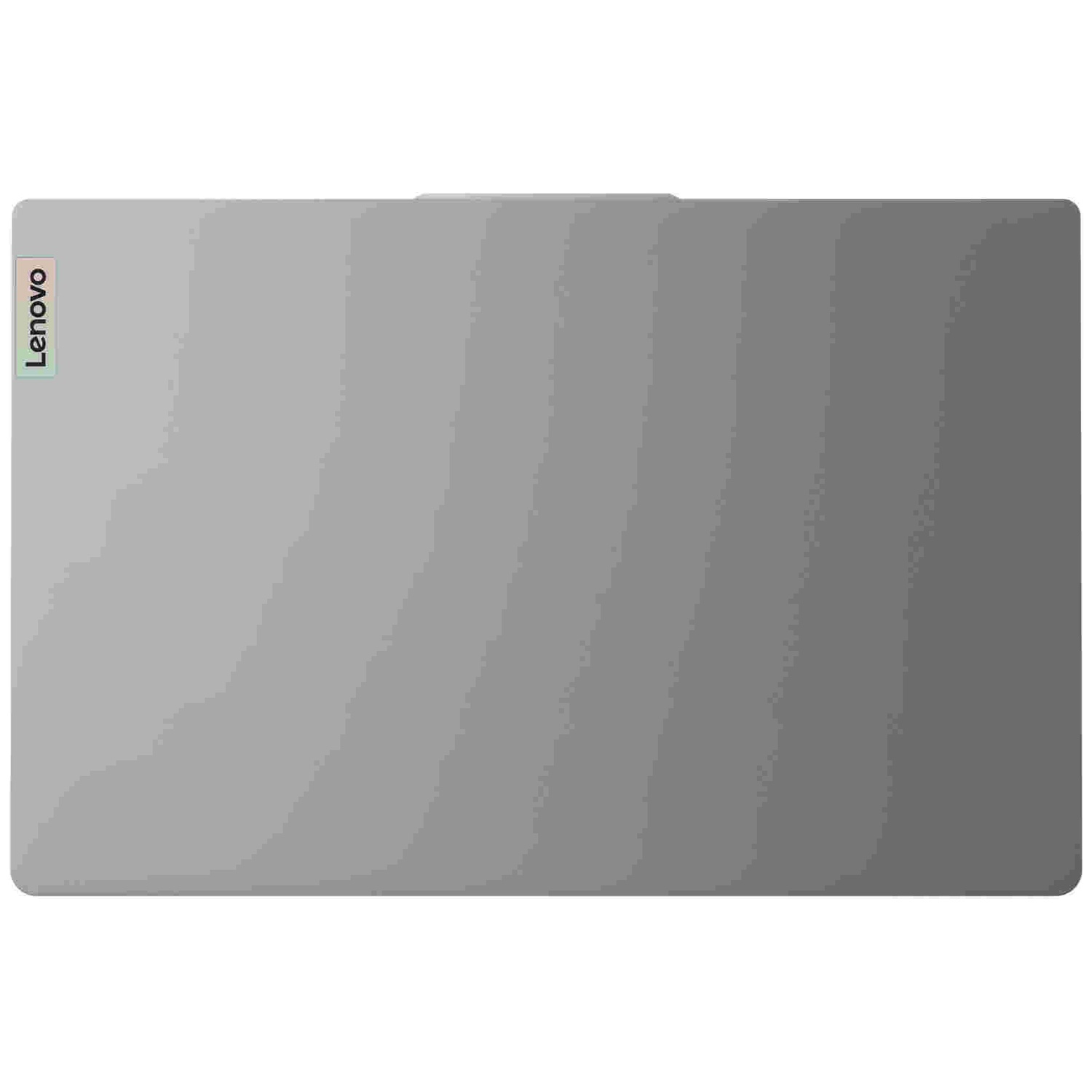 Ordinateur portable Lenovo gris fermé avec logo sur le côté gauche sur fond blanc.