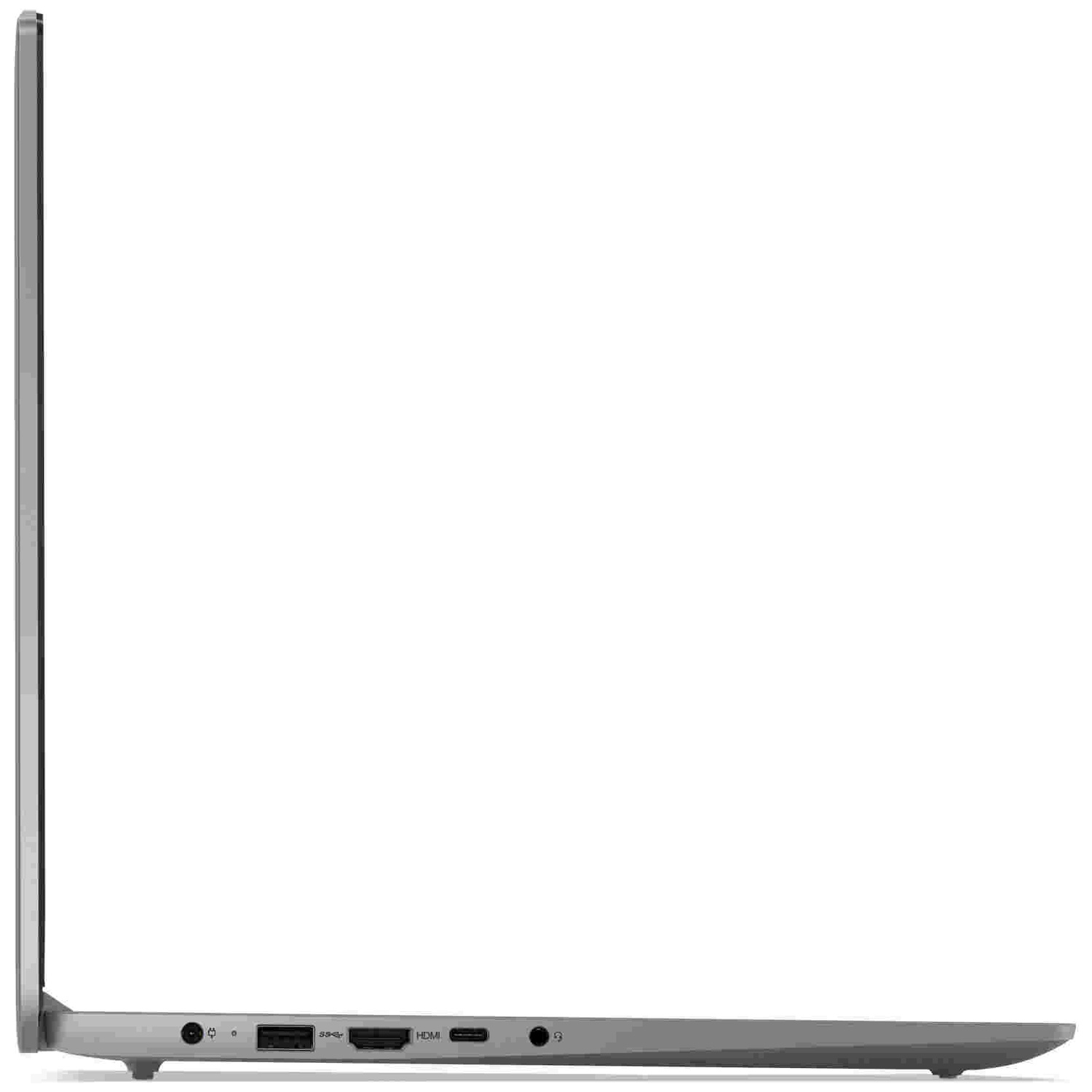 Vue latérale d'un ordinateur portable argenté, montrant les ports USB, HDMI et audio sur le côté gauche.
