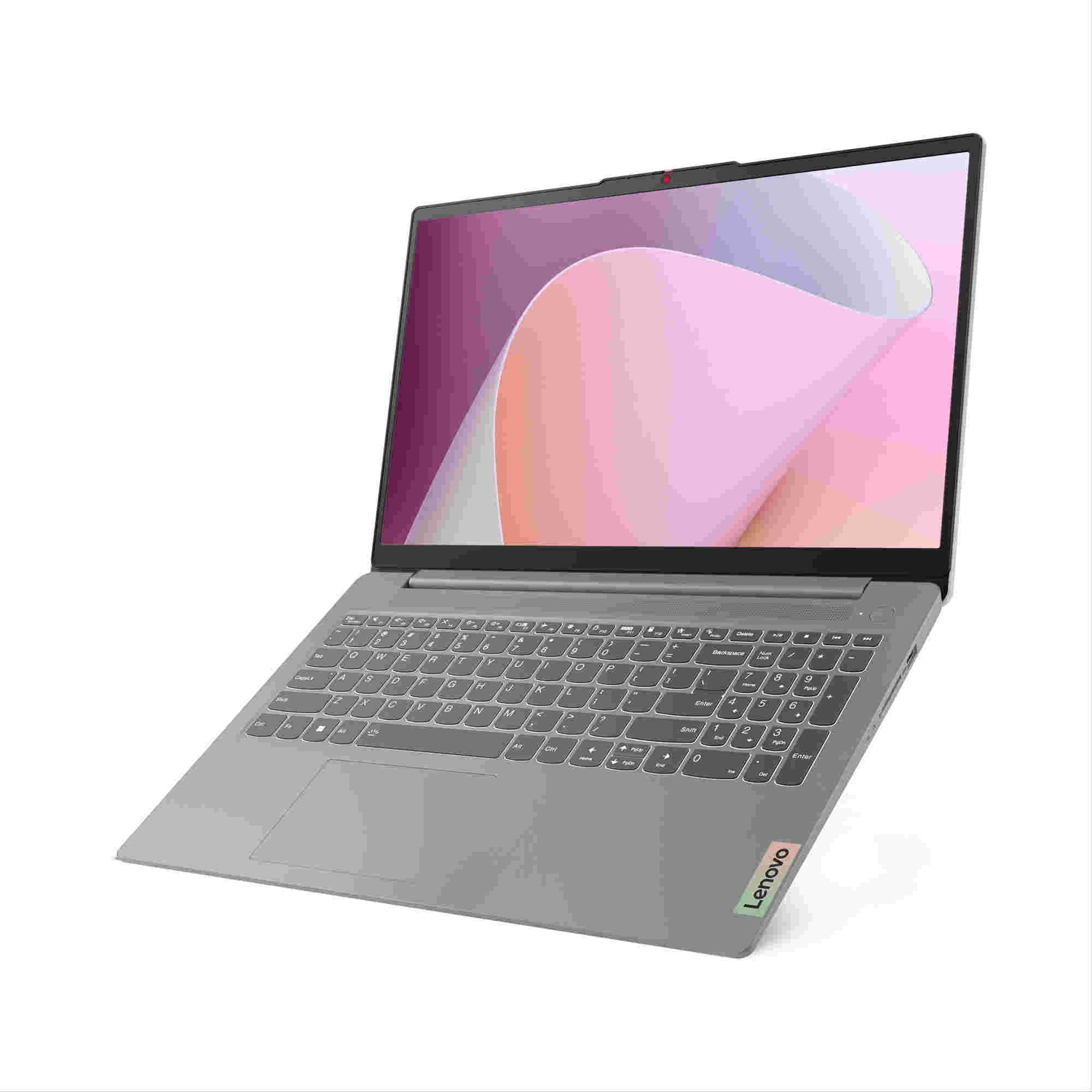 Un ordinateur portable gris sur fond blanc avec une image abstraite colorée à l'écran.