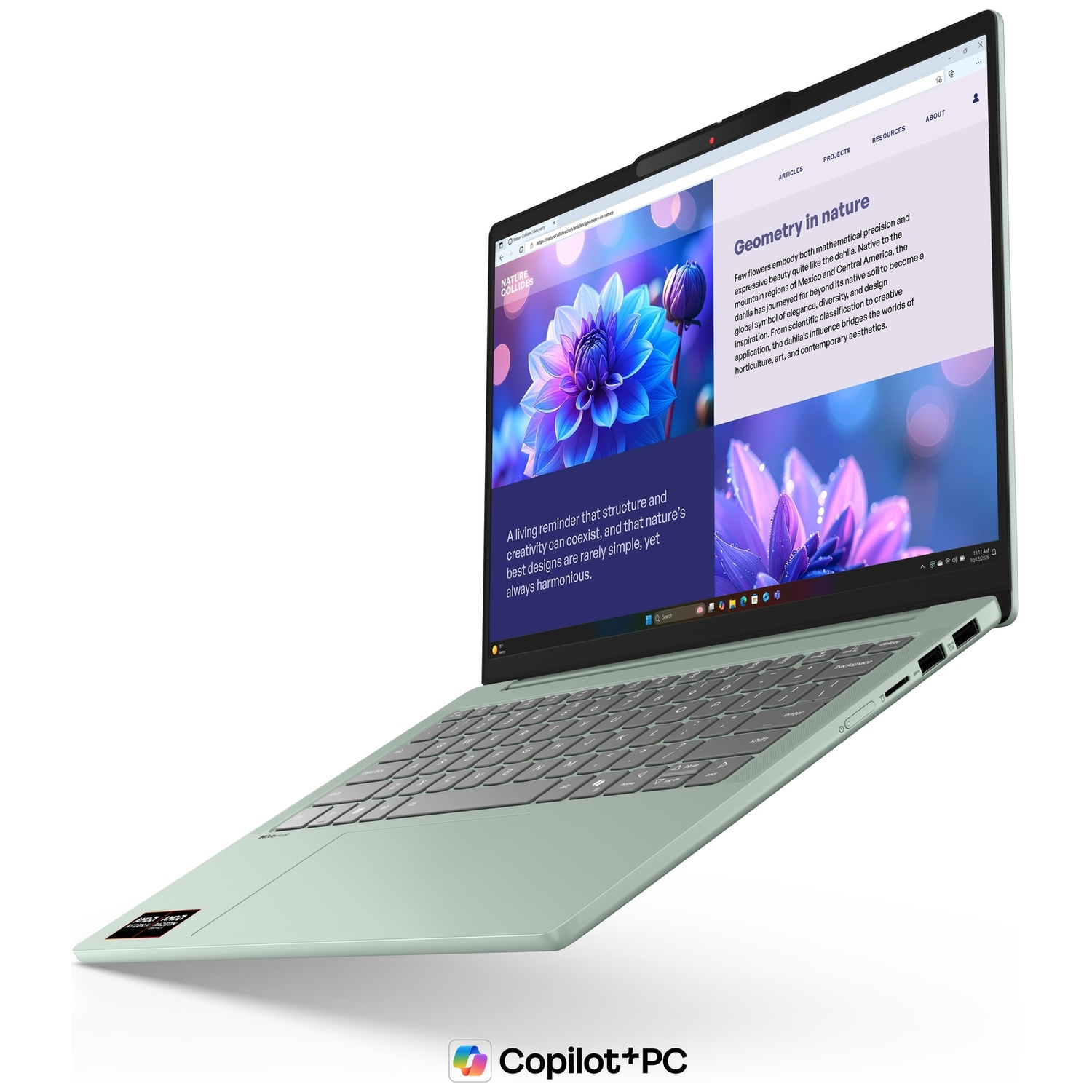 Un ordinateur portable vert menthe ouvert avec un écran éclairé affiche un site Web sur les fleurs.