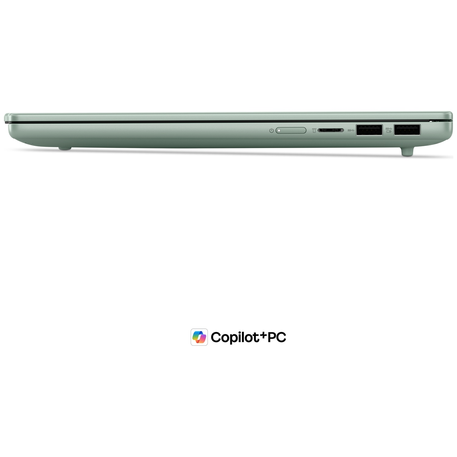 Vue latérale d'un ordinateur portable vert clair fermé avec des ports et le texte Copilot+PC en dessous.