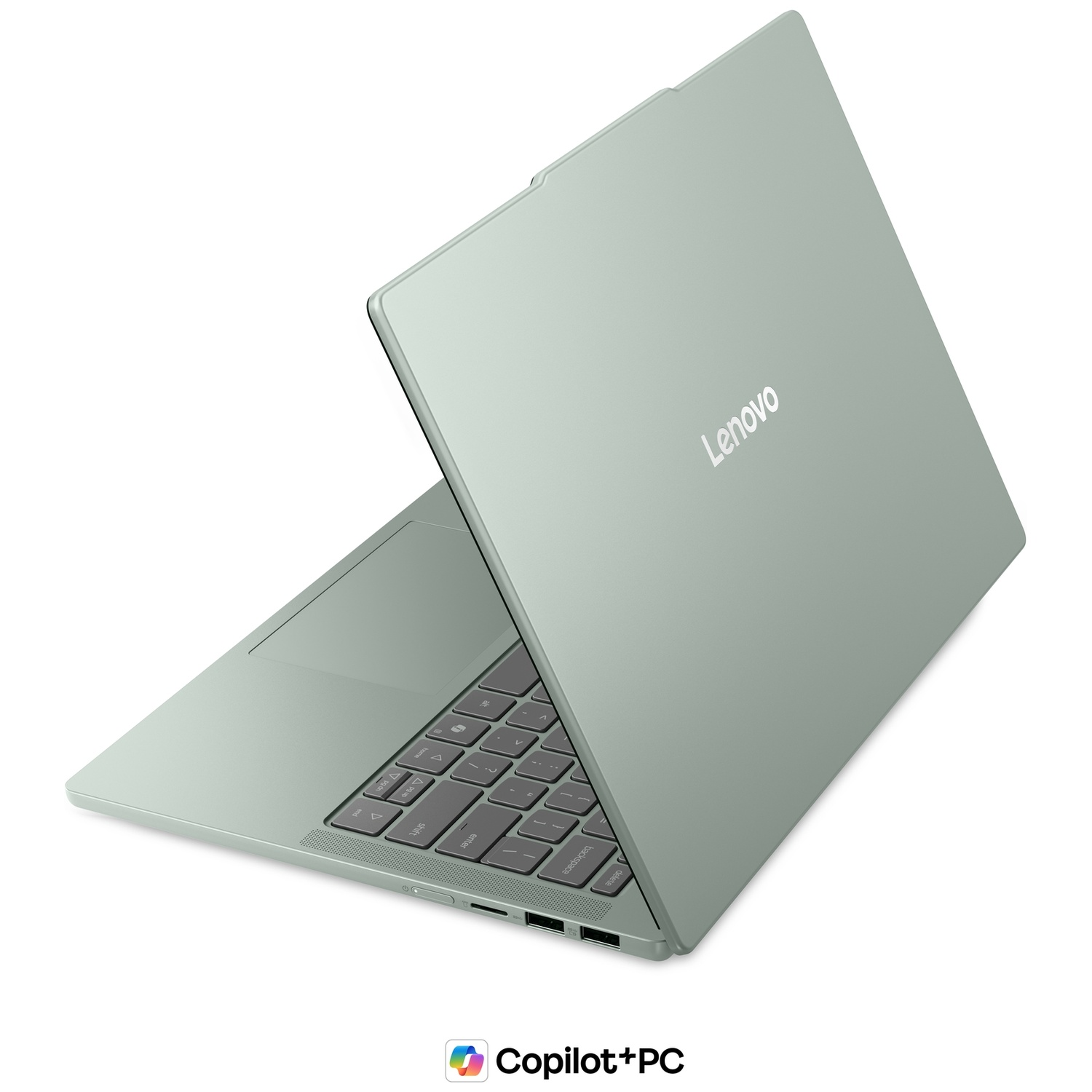 Un ordinateur portable Lenovo vert clair vu de dos sur fond blanc, montrant les ports et le clavier.