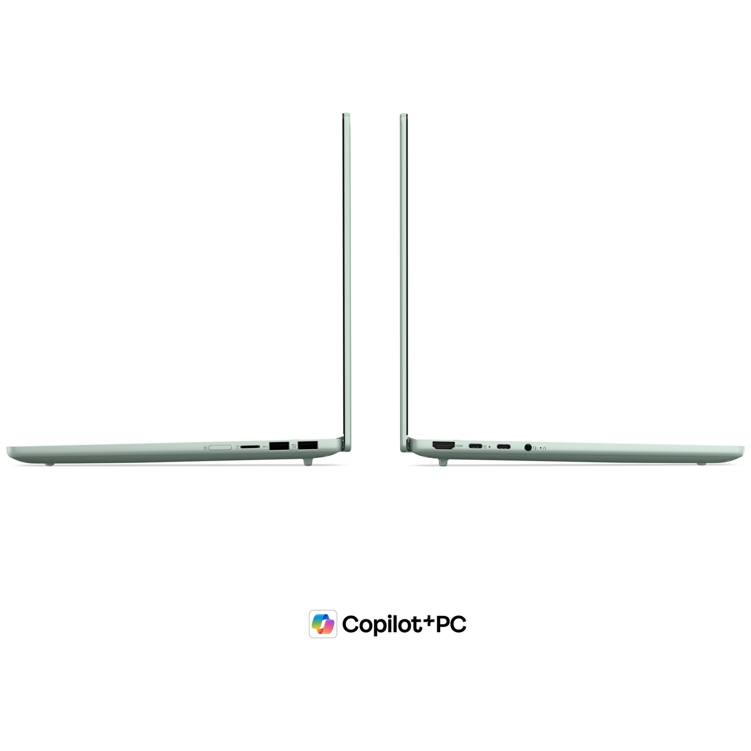 Deux vues latérales d'un ordinateur portable vert clair montrant les ports, avec le logo Copilot+PC sur fond blanc.