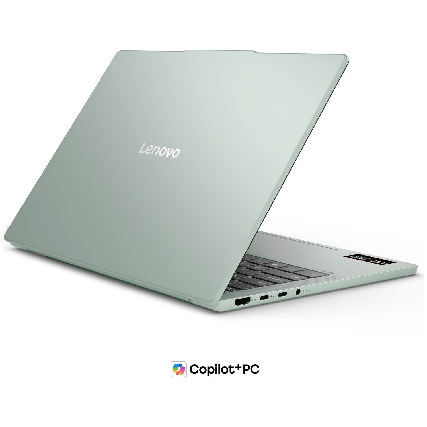 Un ordinateur portable Lenovo vert clair entrouvert de côté sur fond blanc.