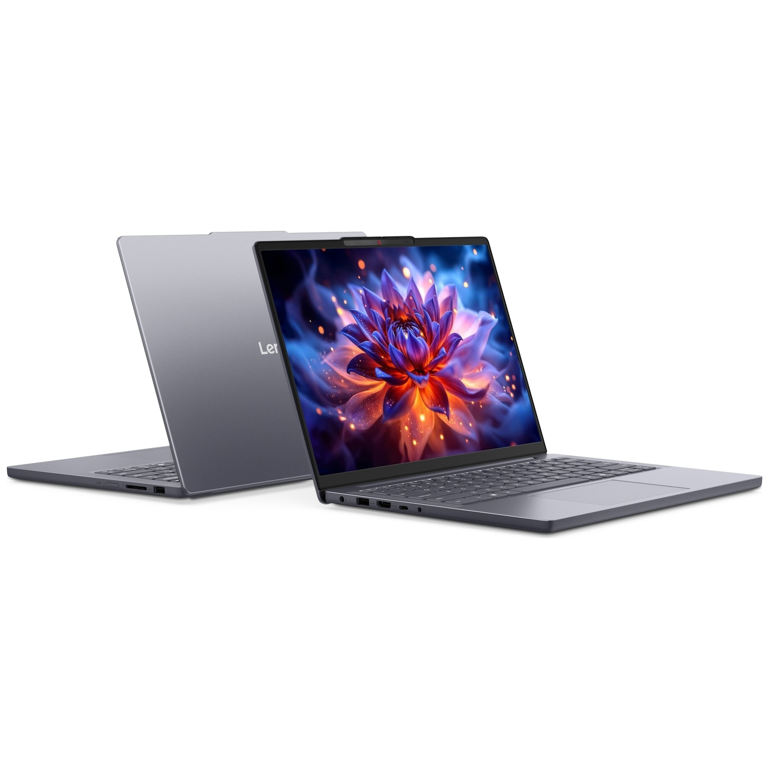 Deux ordinateurs portables Lenovo gris sur fond blanc ; l'un affiche un fond d'écran floral bleu et violet.