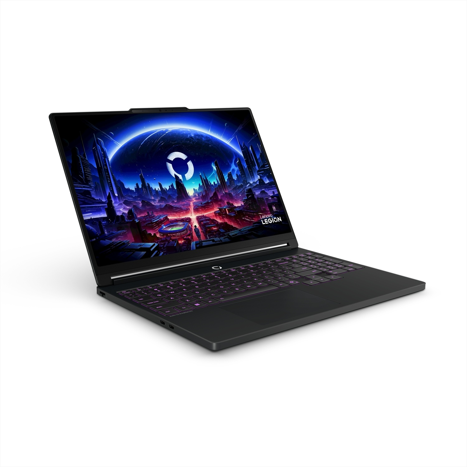 Een zwarte Lenovo Legion laptop met verlicht toetsenbord toont een kleurrijke sci-fi stadswachter.