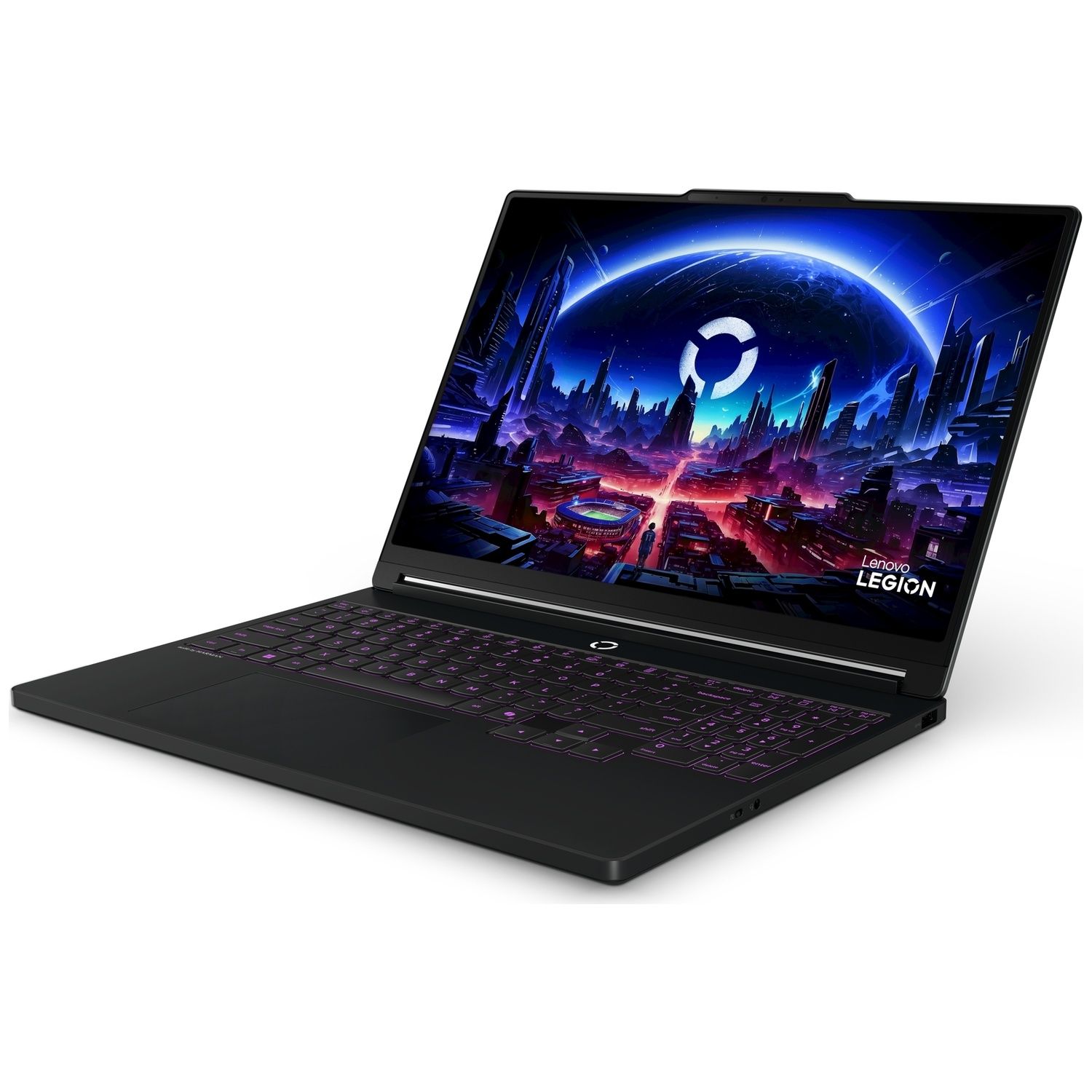 Een zwarte Lenovo Legion laptop met verlicht toetsenbord toont een blauw cyberpunk stadsgezicht op het scherm.