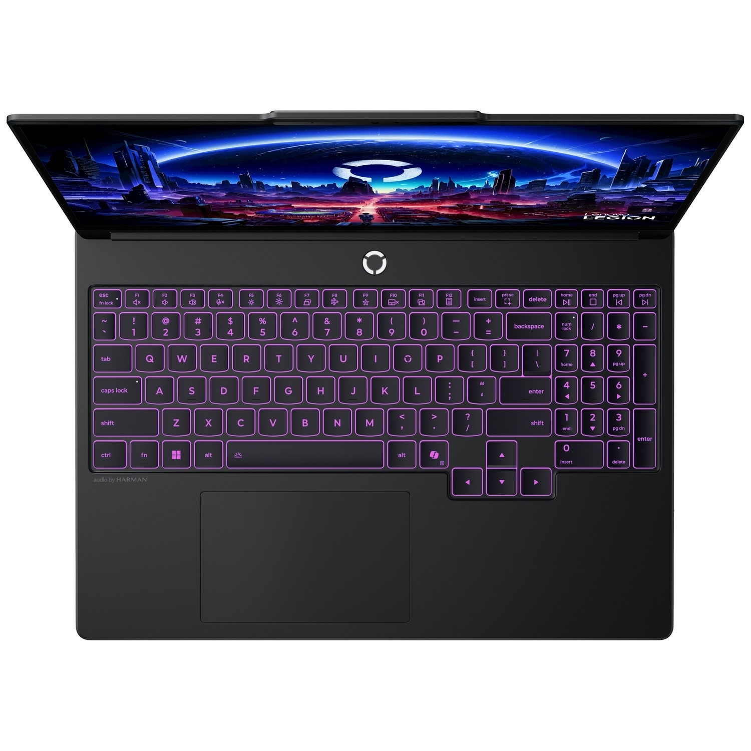 Een zwarte laptop van bovenaf gezien, met een oplichtend roze toetsenbord en blauw scherm.