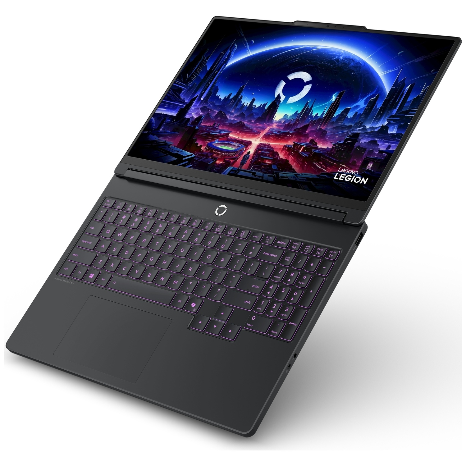 Zwarte Lenovo Legion laptop met verlicht toetsenbord en futuristisch scherm op een witte achtergrond.
