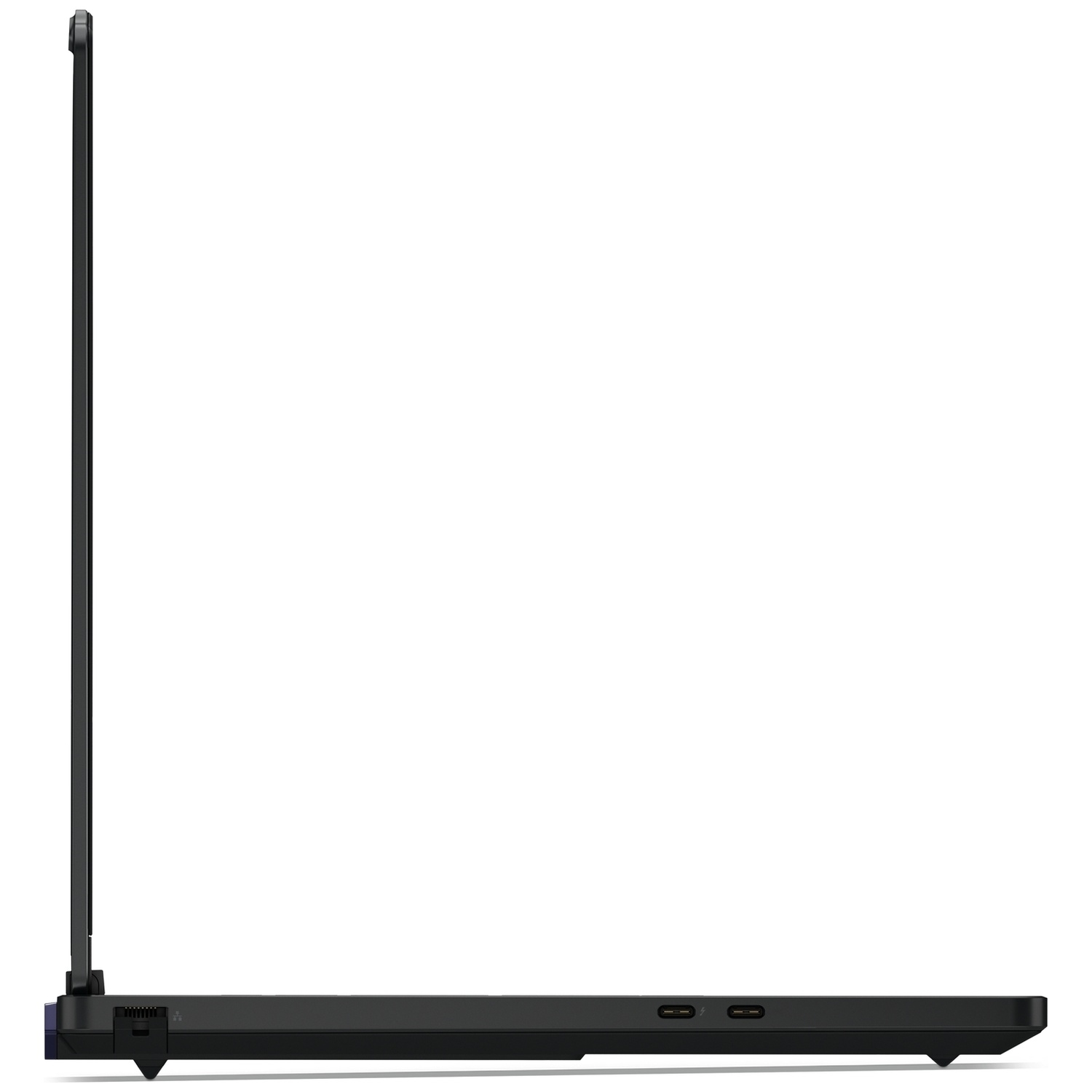 Zijaanzicht van een zwarte laptop met USB-C-poorten op de basis.