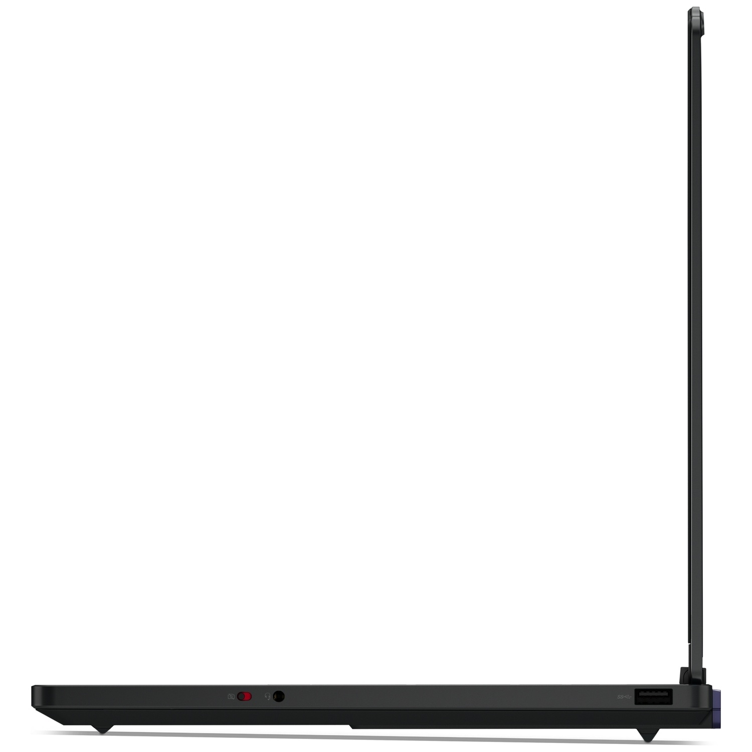 Zijaanzicht van een zwarte laptop met poorten en een schakelaar op een wit oppervlak.