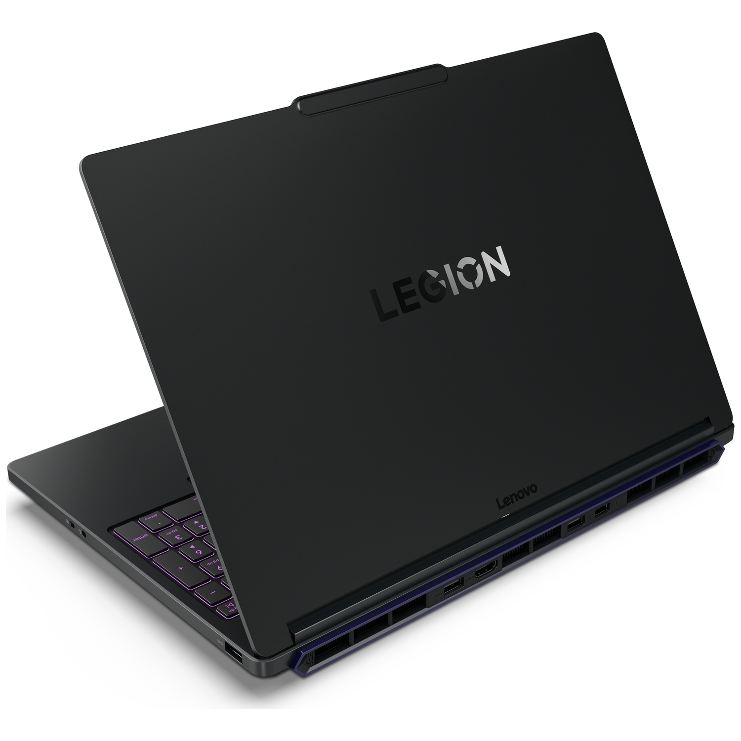 Zwarte Lenovo Legion gaming-laptop met geopend scherm op een witte achtergrond.