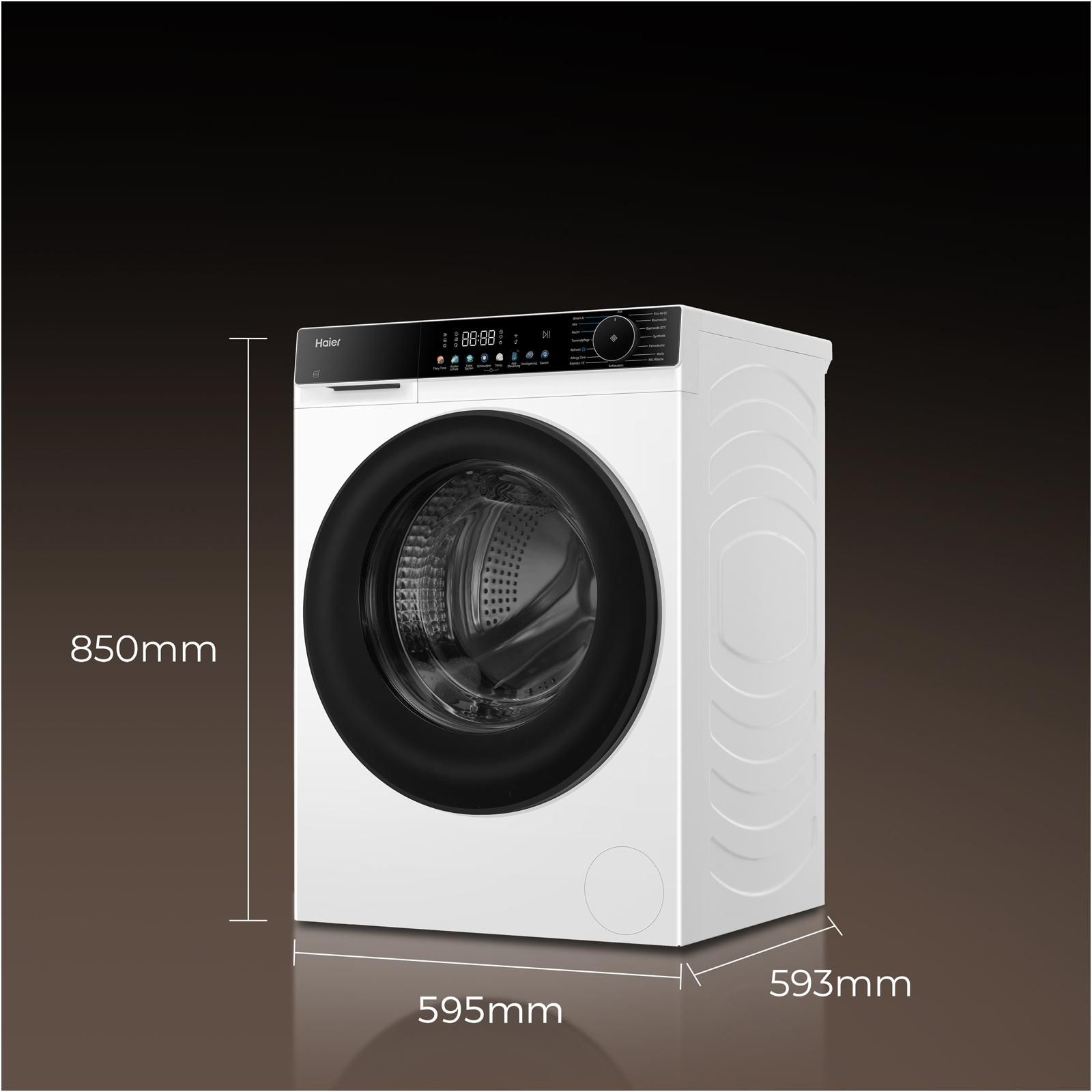 Weiße Haier Waschmaschine mit Maßen: 850 mm Höhe, 595 mm Breite und 593 mm Tiefe.