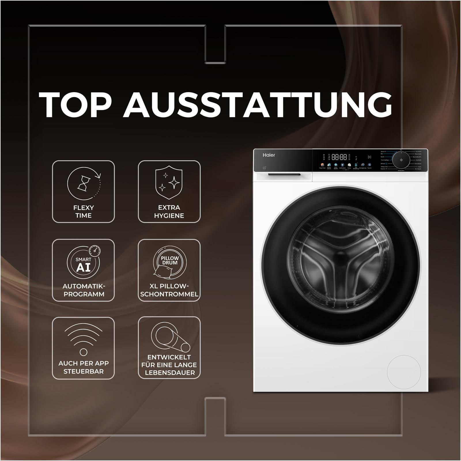 Haier Waschmaschine mit Merkmalen wie Flexy Time, Smart AI und XL Schontrommel auf schwarzem Hintergrund.