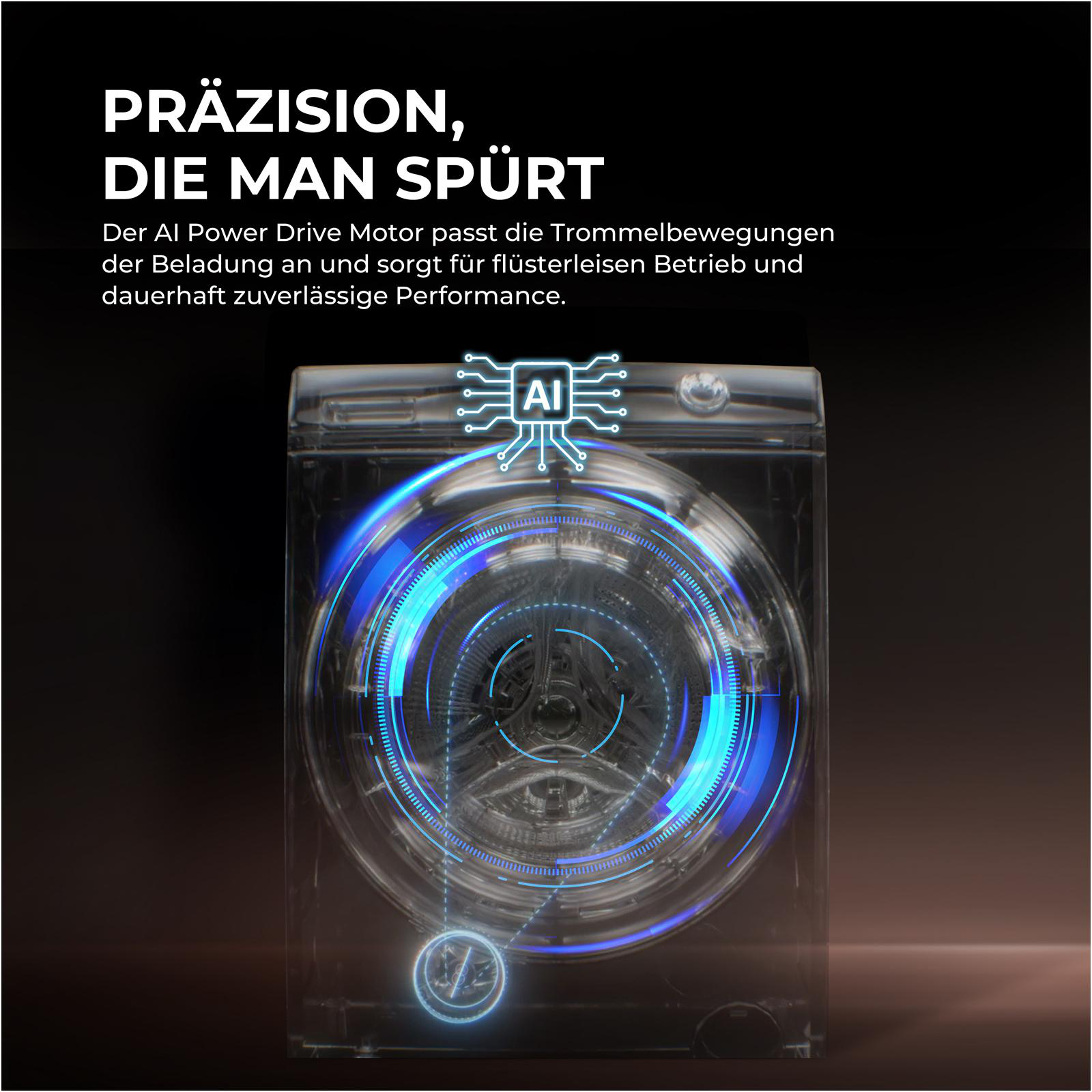 Washing machine with glowing blue AI graphic overlay and German text.