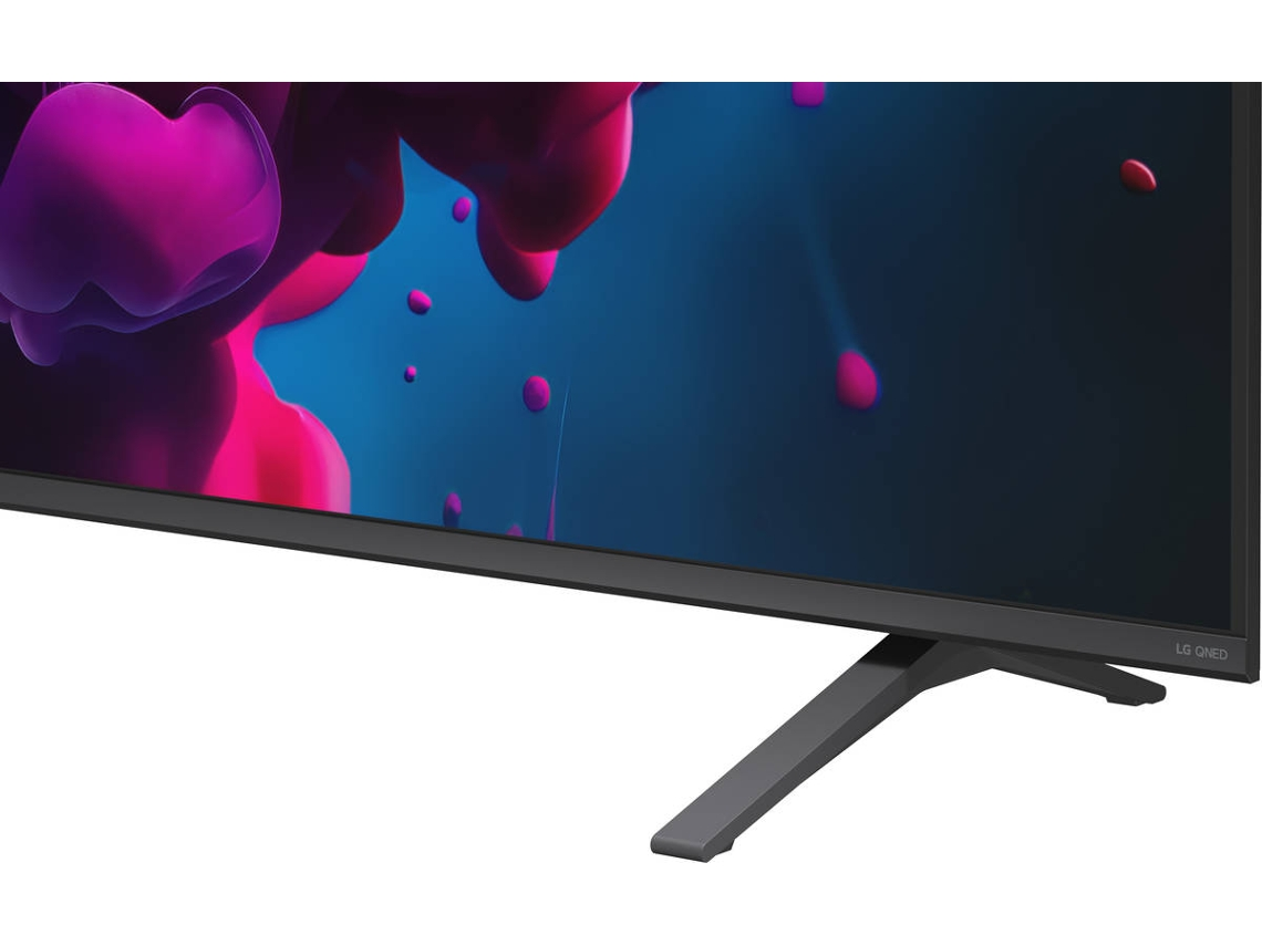 Un televisor de pantalla plana con pantalla colorida y soporte negro sobre fondo blanco.