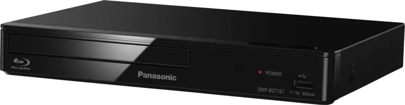 Reproductor de Blu-ray Panasonic negro con bandeja de discos, luz de encendido roja y puerto USB sobre fondo negro.