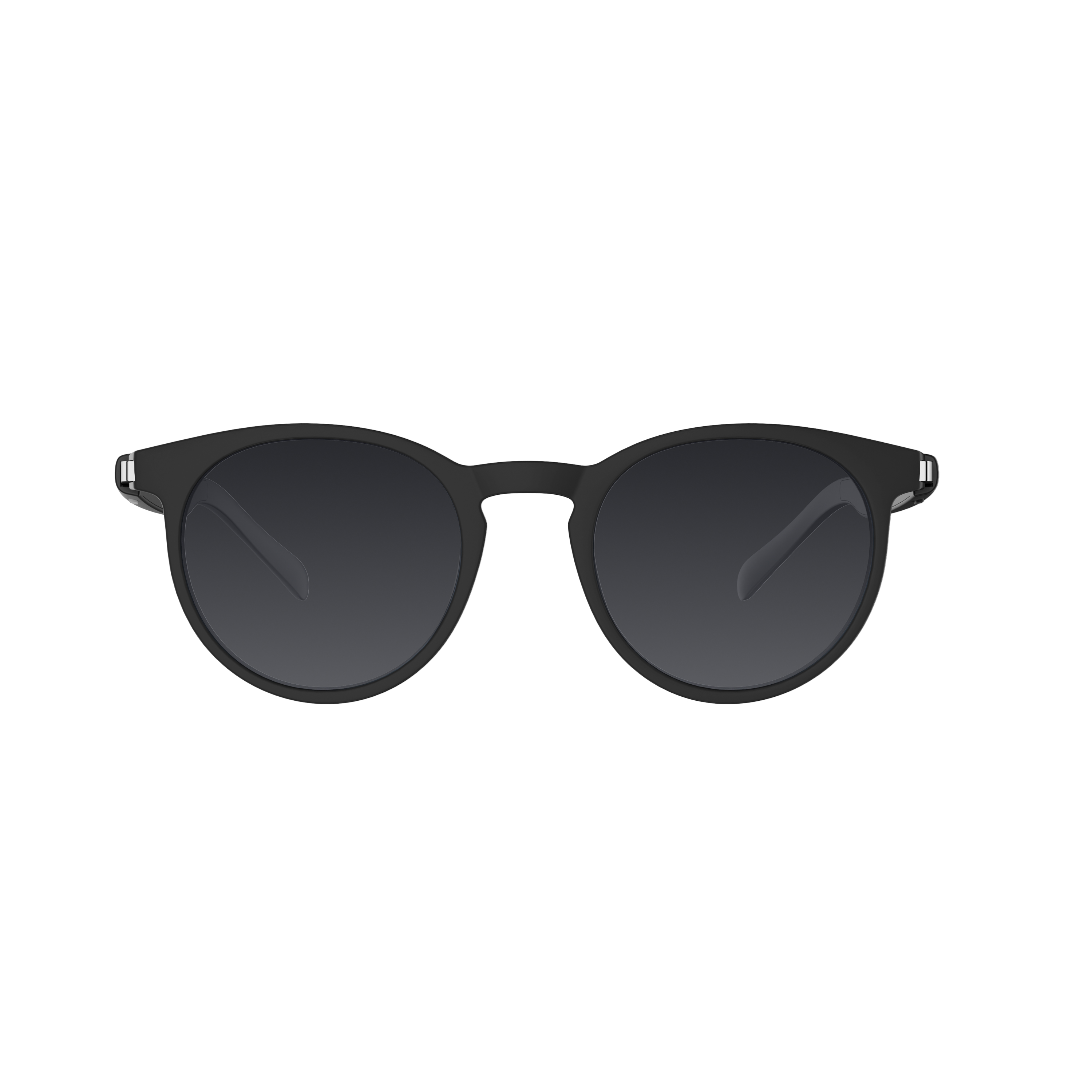 Gafas de sol negras con lentes redondas sobre fondo blanco.