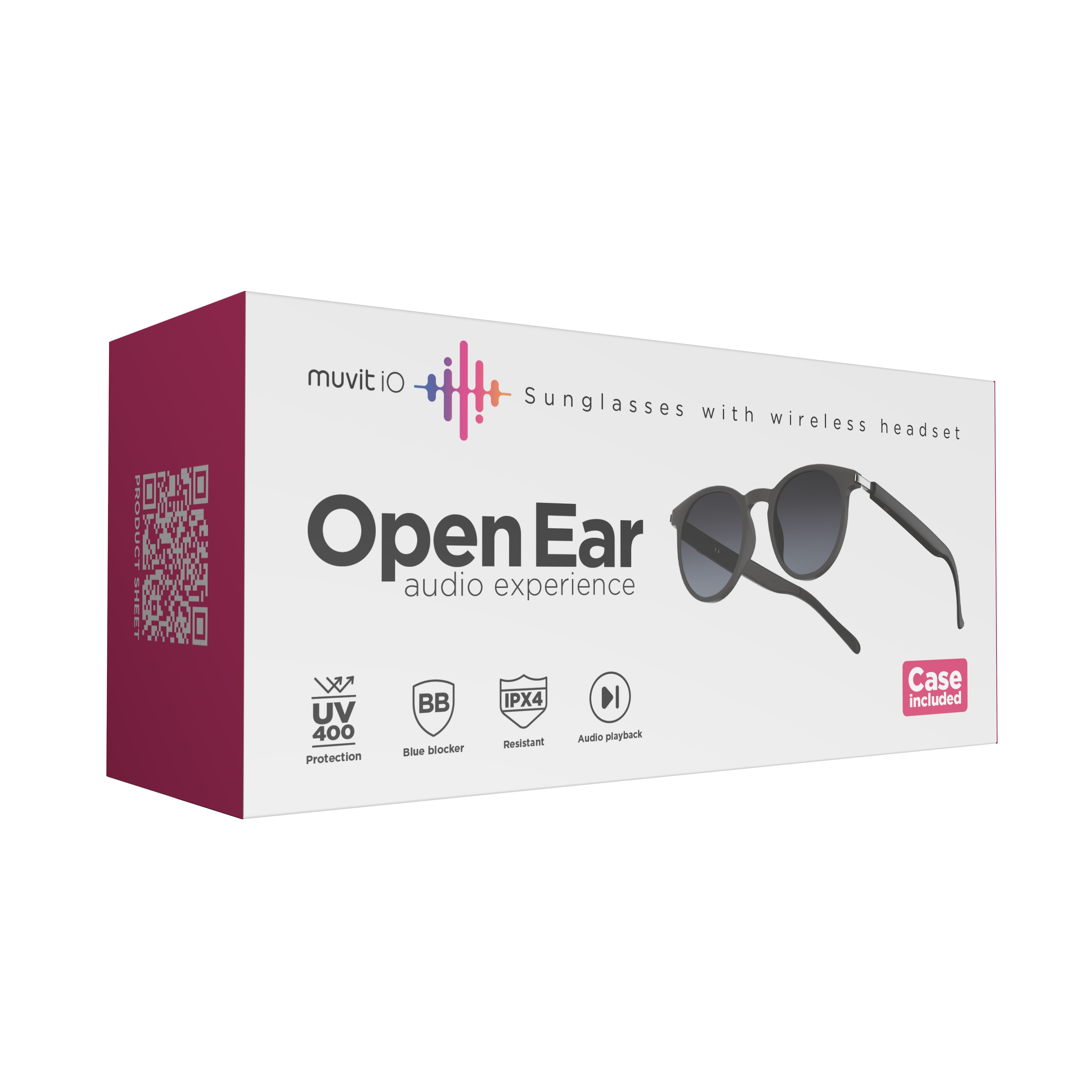 Embalaje del producto para gafas de sol muvit iO Open Ear con auricular inalambrico.