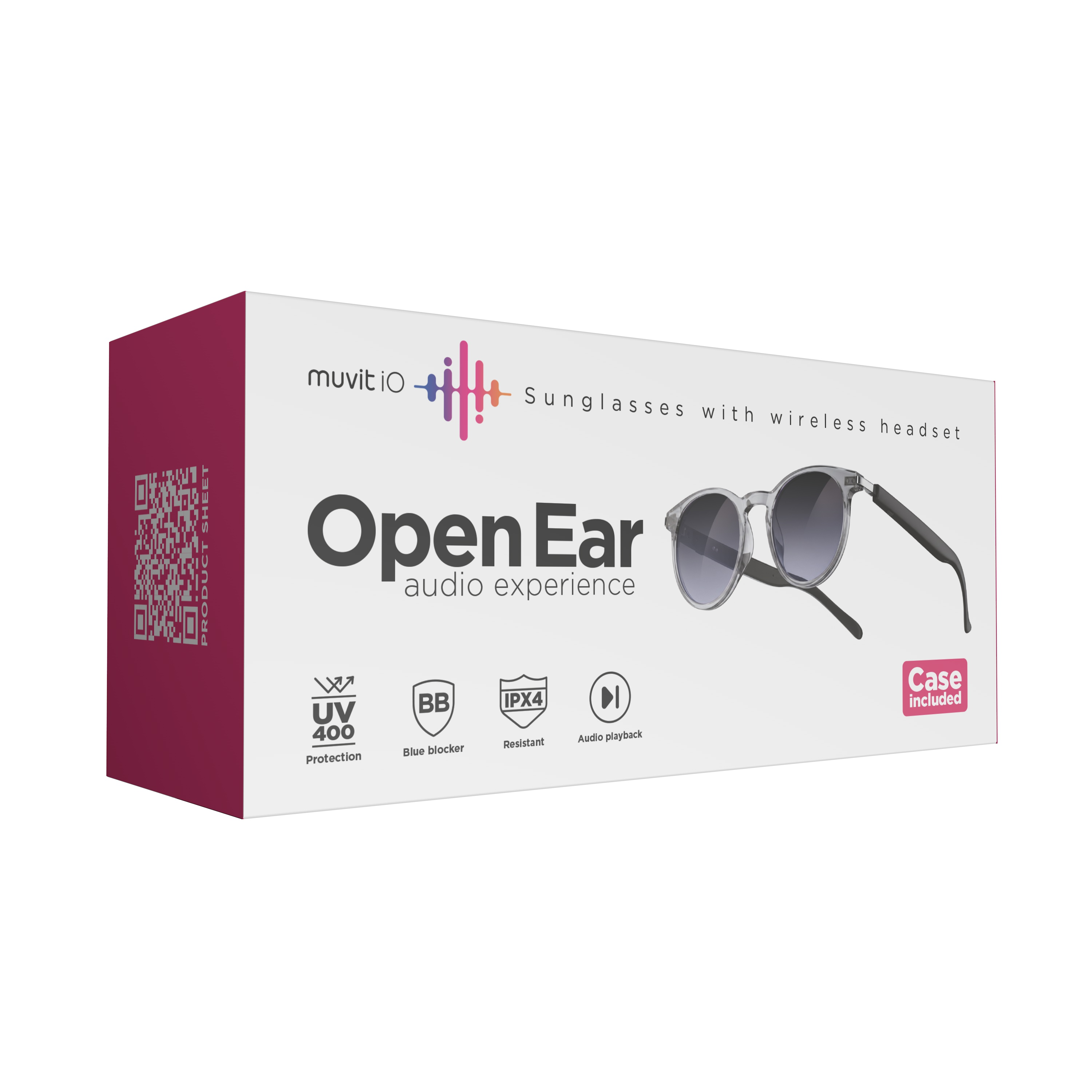 Embalaje del producto para gafas de sol muvit iO Open Ear con auricular inalámbrico.