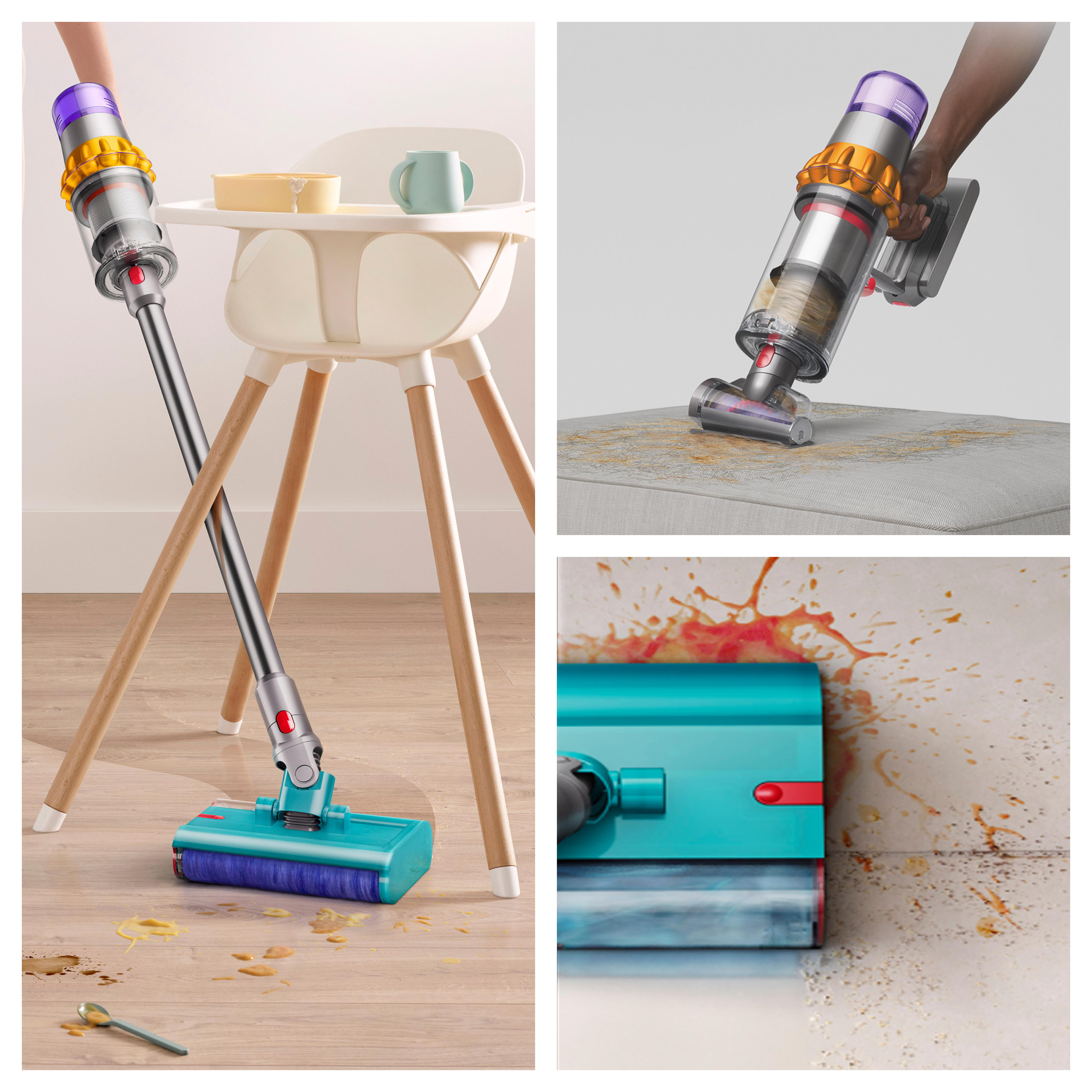 Ein Dyson-Staubsauger reinigt verschüttete Flüssigkeit auf dem Boden und Polstermöbel.