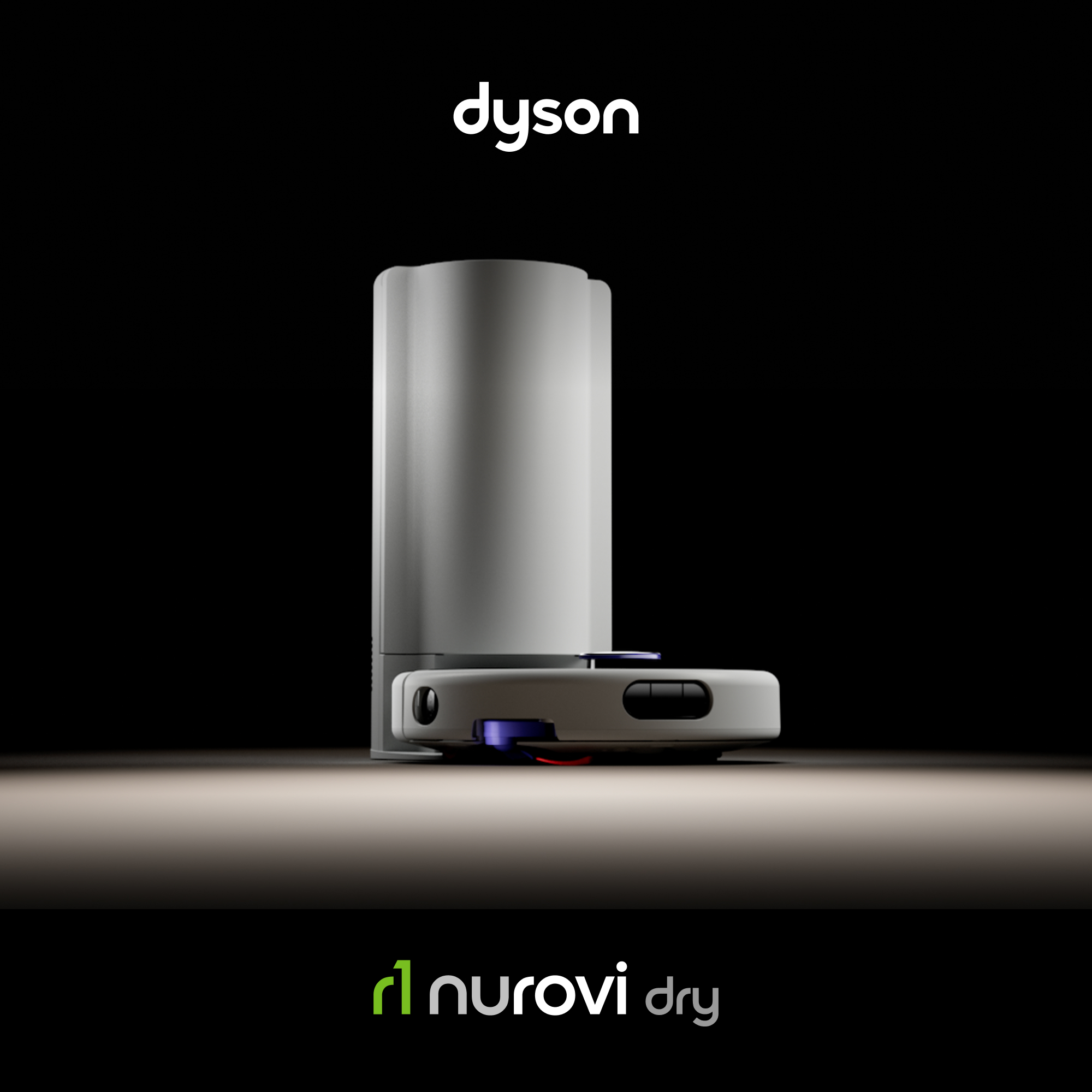 Ein weißer Dyson Saugroboter dockt an seiner Ladestation auf einer Holzoberfläche an, vor dunklem Hintergrund.