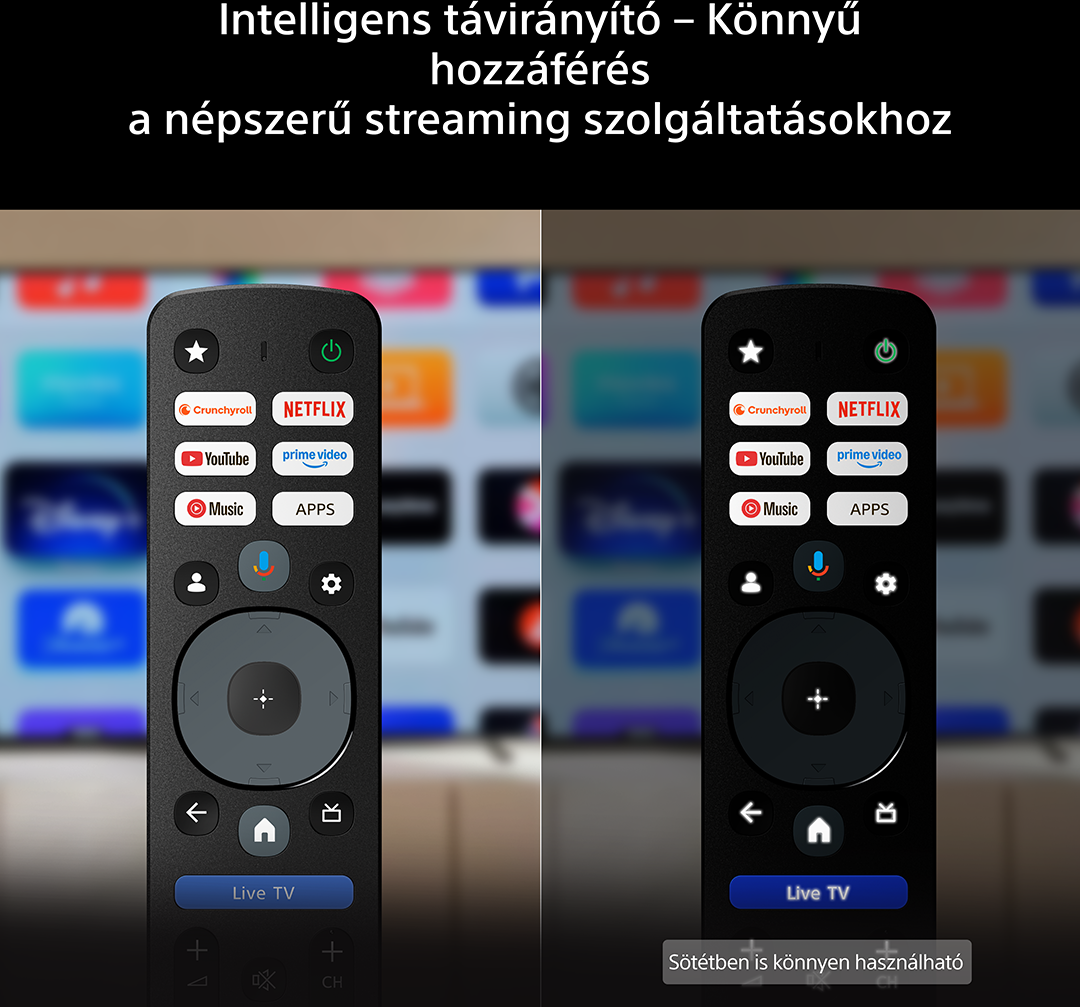 Két távirányító összehasonlítása, az egyik sötétben világít, streaming gombokkal.