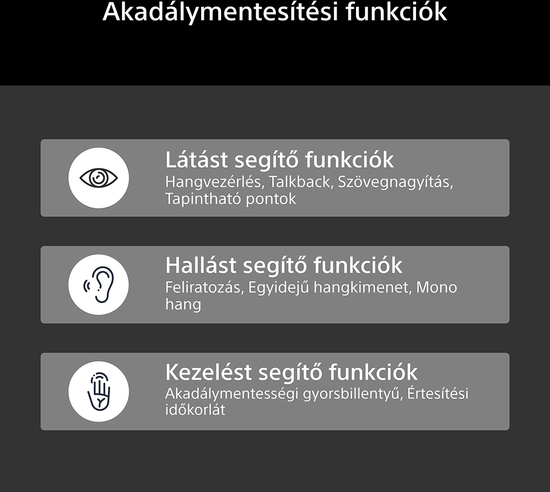 Akadálymentesítési menü látást, hallást és kezelést segítő opciókkal sötét alapon.