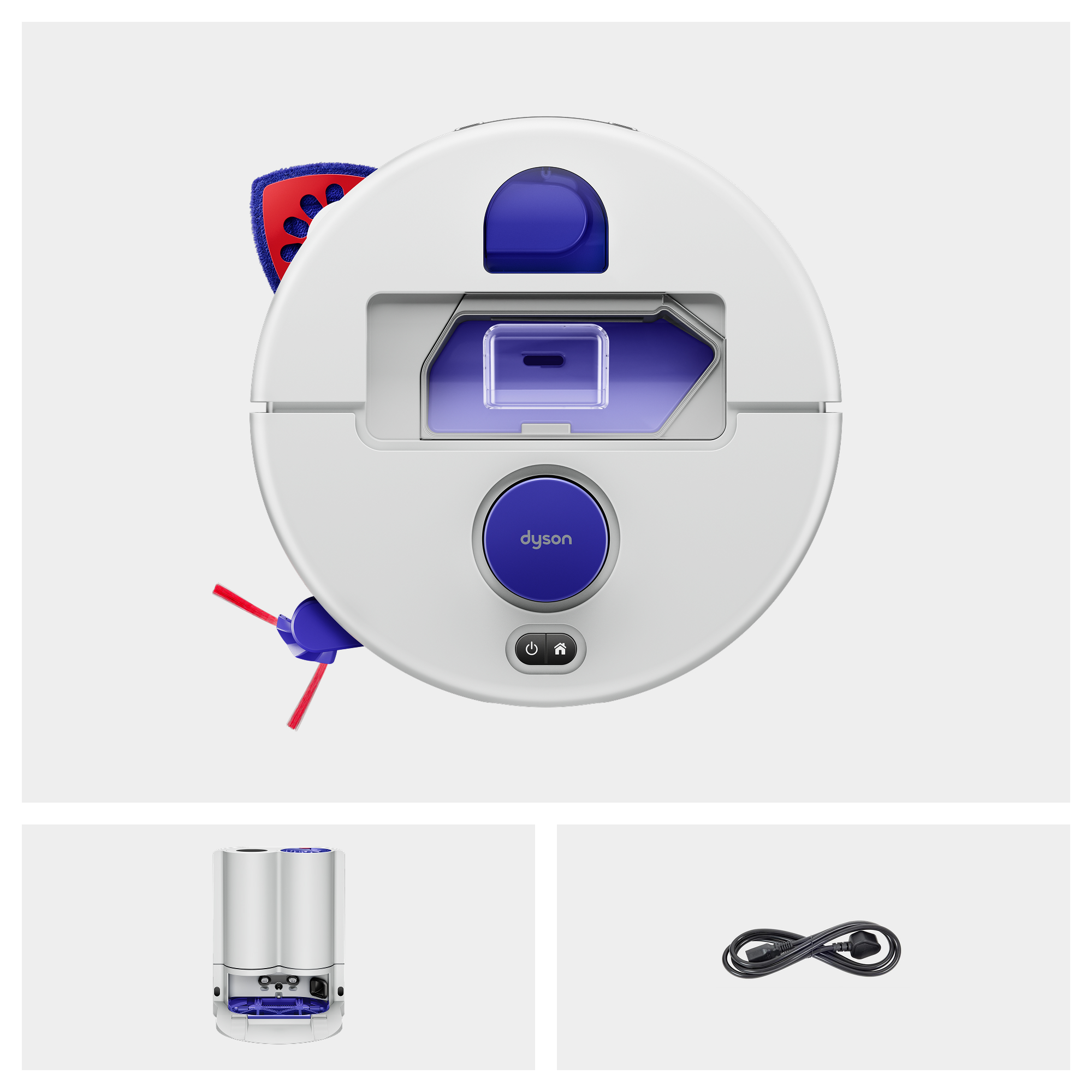 Weiß-blauer Dyson Saugroboter von oben mit Ladestation und Netzkabel darunter.