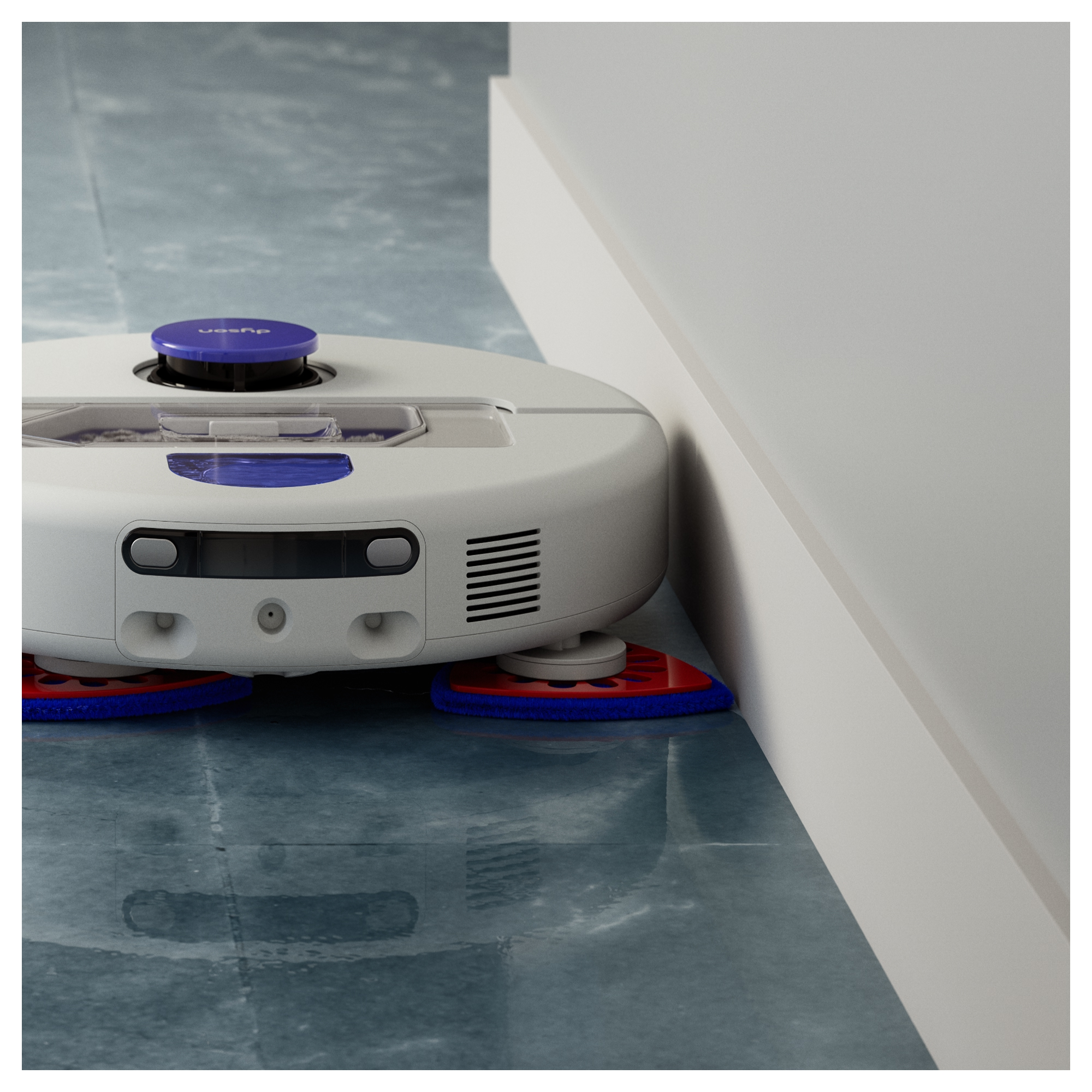Ein weißer Roboterstaubsauger mit blauen Wischpads reinigt den blauen Boden an einer Wand.