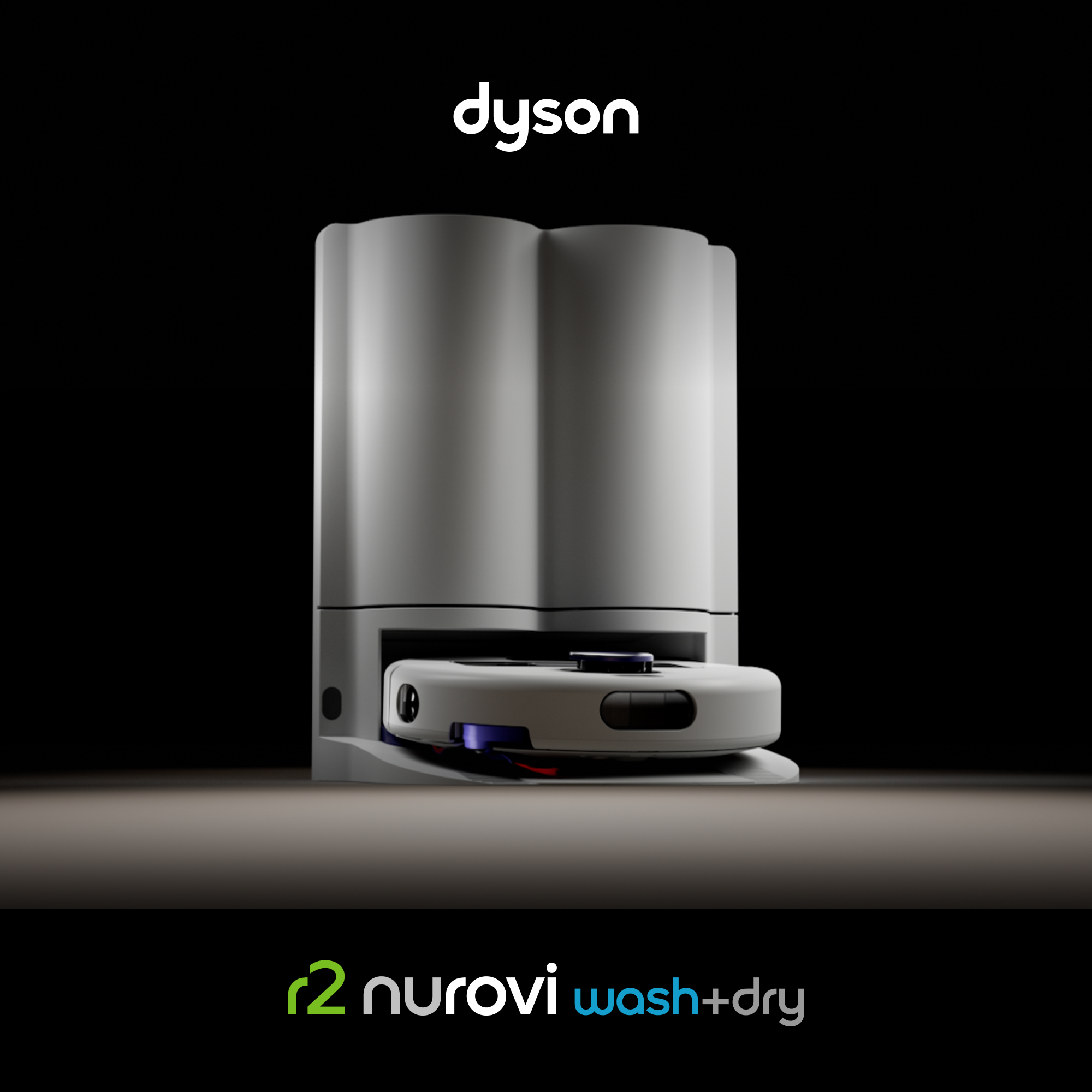 Ein Dyson Saugroboter in der Ladestation vor dunklem Hintergrund, mit Text oben und unten.