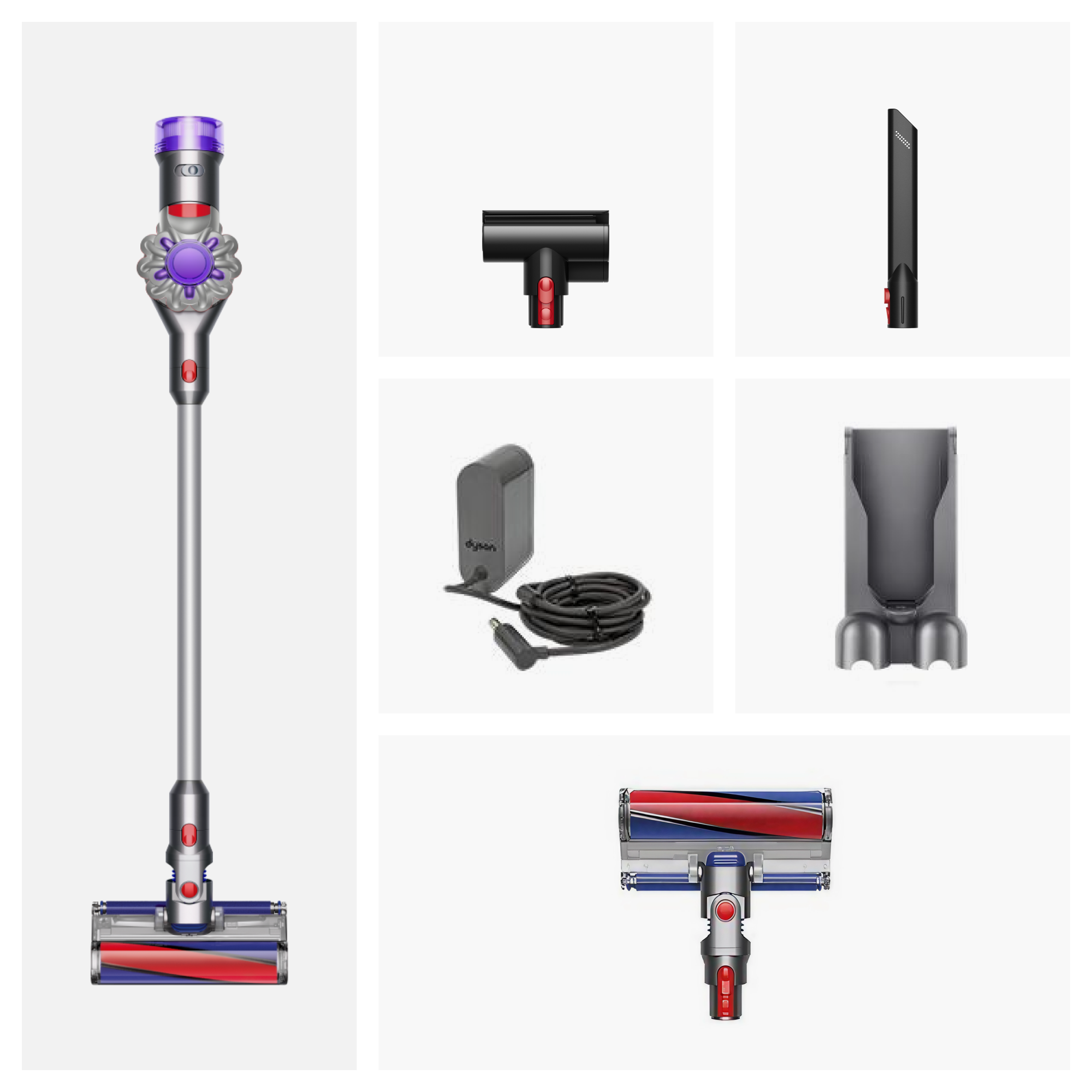 Dyson Staubsauger und Zubehörteile auf hellem Hintergrund.