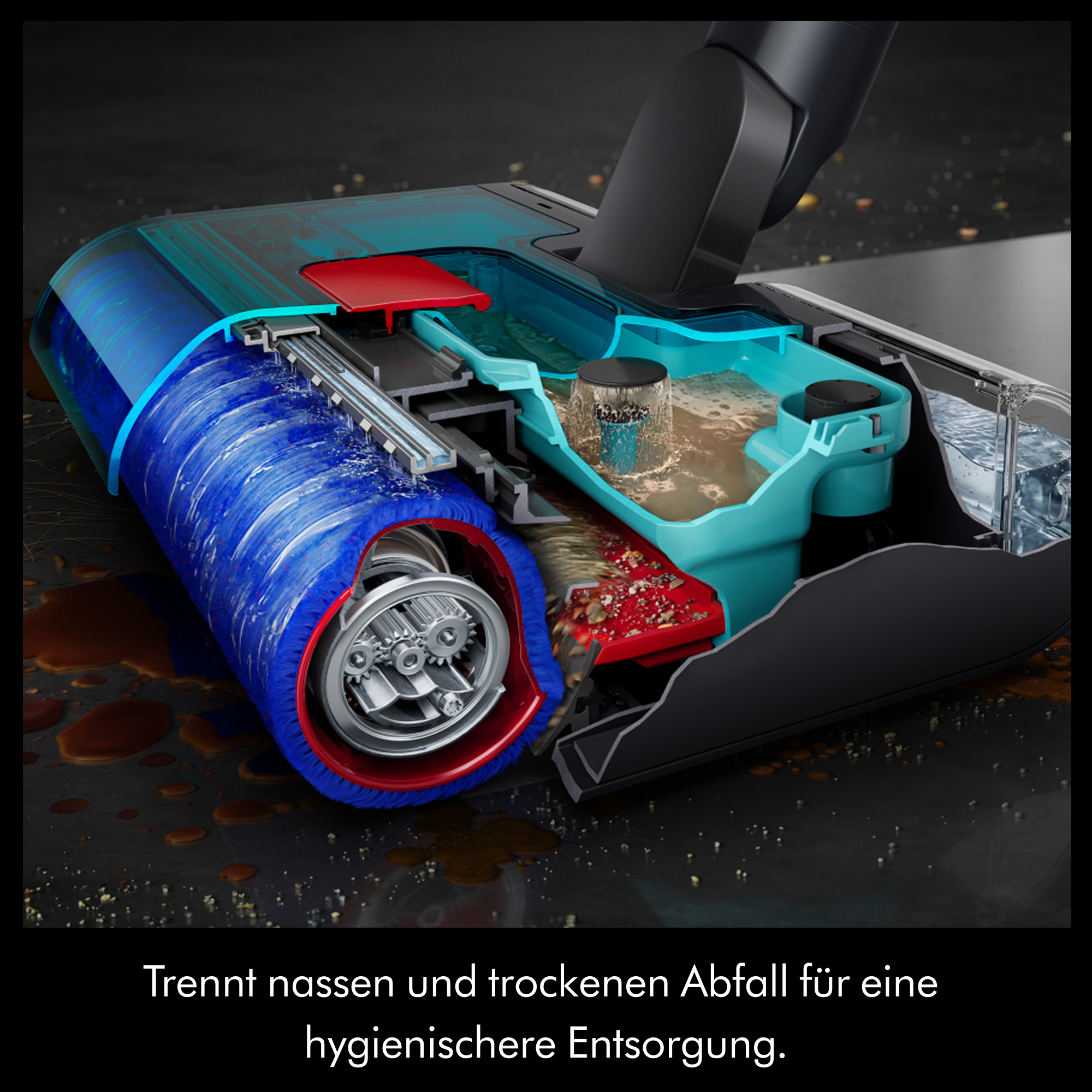 Querschnitt eines Staubsaugeraufsatzes zeigt die Trennung von nassen und trockenen Abfällen in internen Behältern.