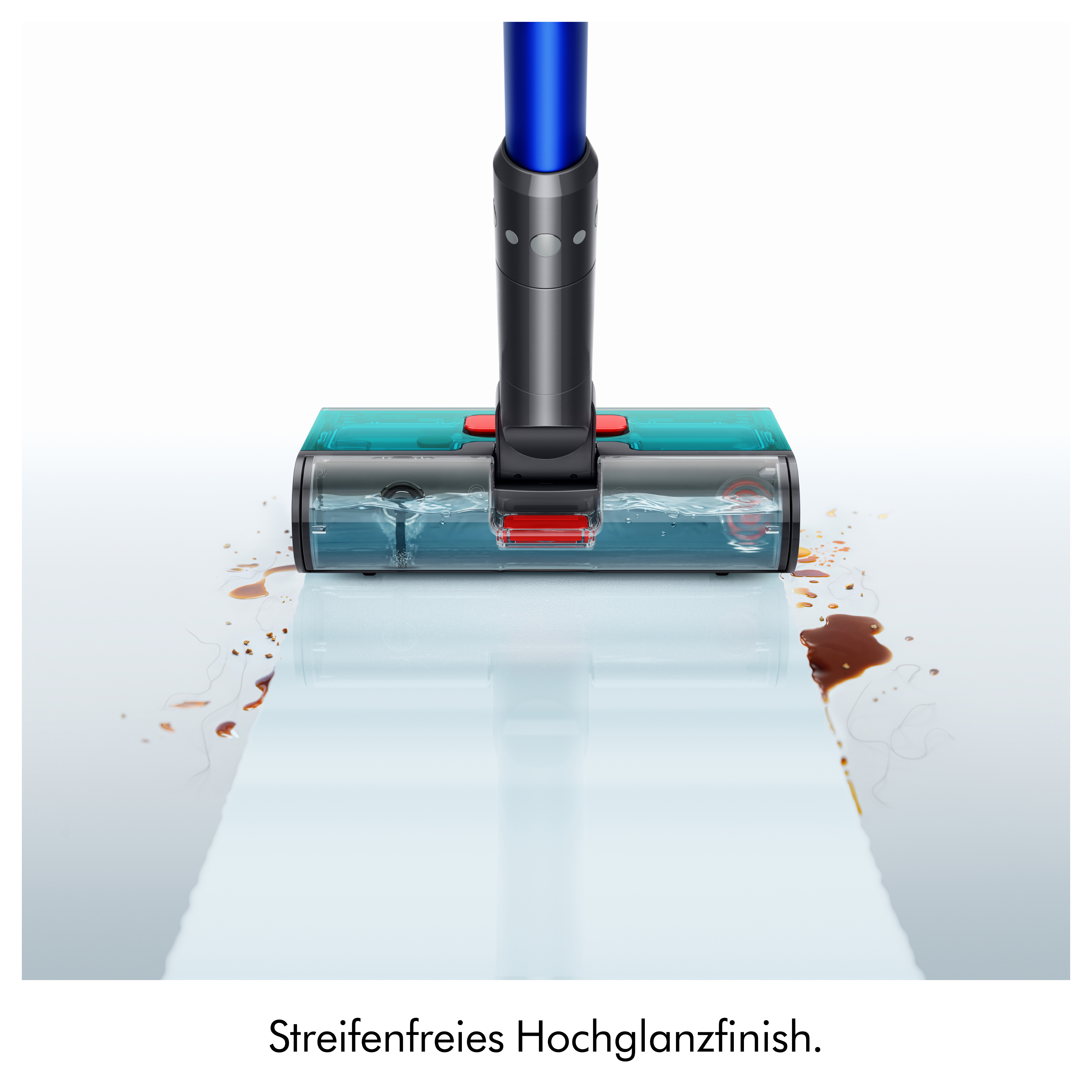 Ein Wischsauger reinigt einen schmutzigen Boden und hinterlässt eine streifenfreie, glänzende Spur.