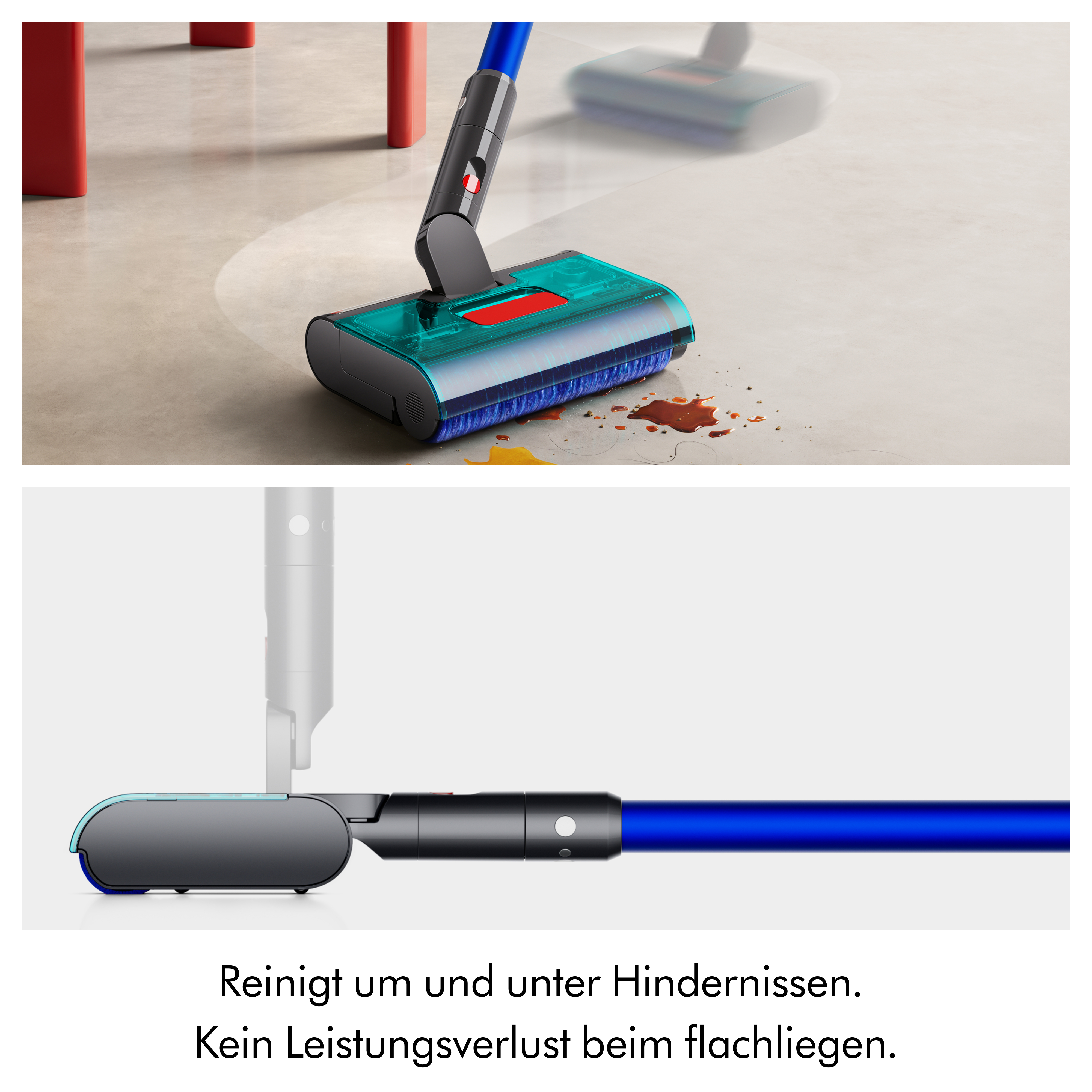 Ein blauer Staubsauger reinigt Schmutz auf dem Boden und ein flach liegendes Modell reinigt unter Hindernissen.