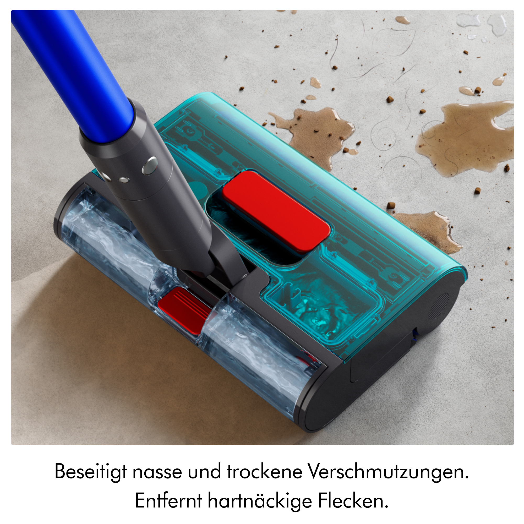 Ein blauer Wischaufsatz reinigt nasse und trockene Verschmutzungen auf einem grauen Boden.