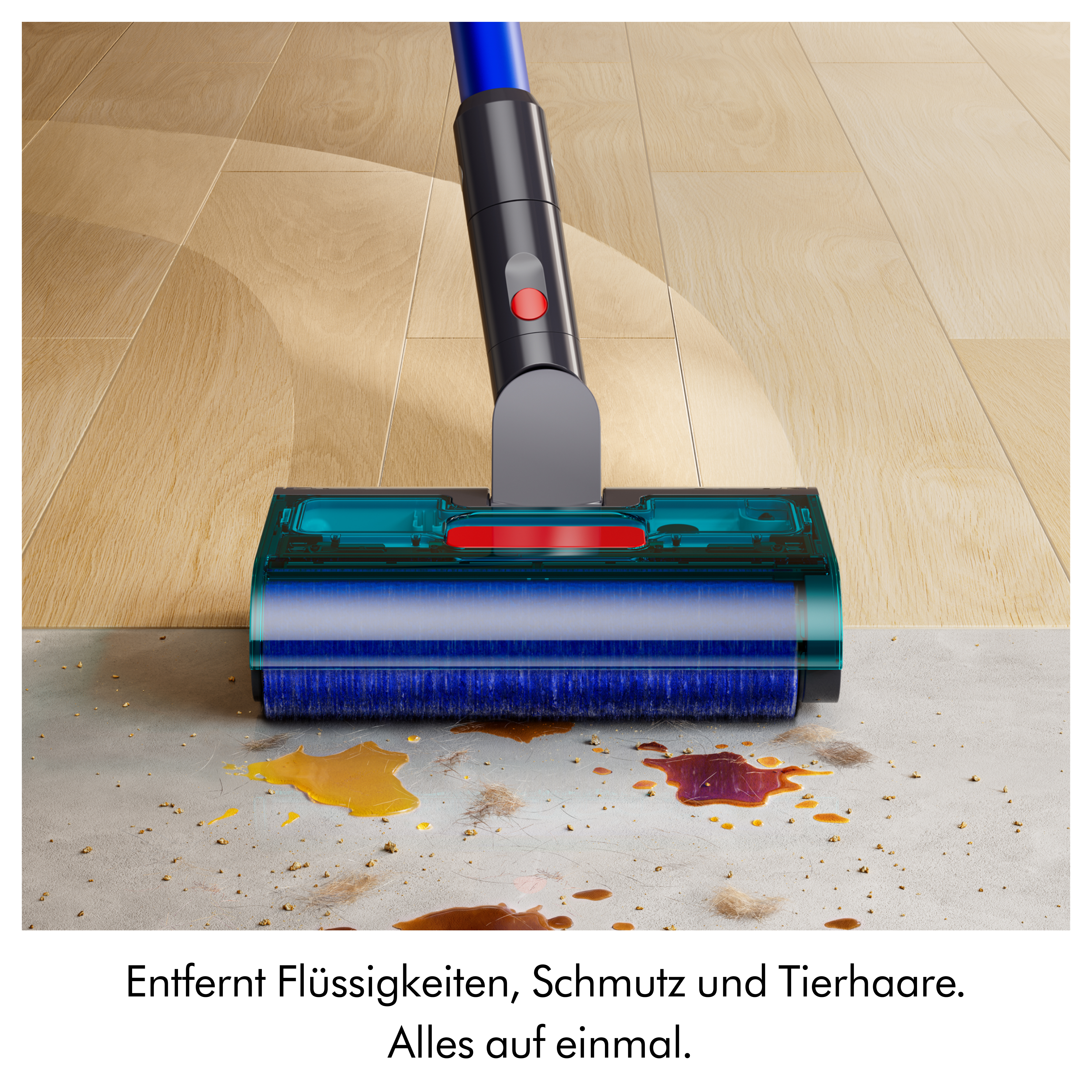 Ein Staubsauger reinigt flüssige Flecken, Schmutz und Tierhaare von einem Holzboden.