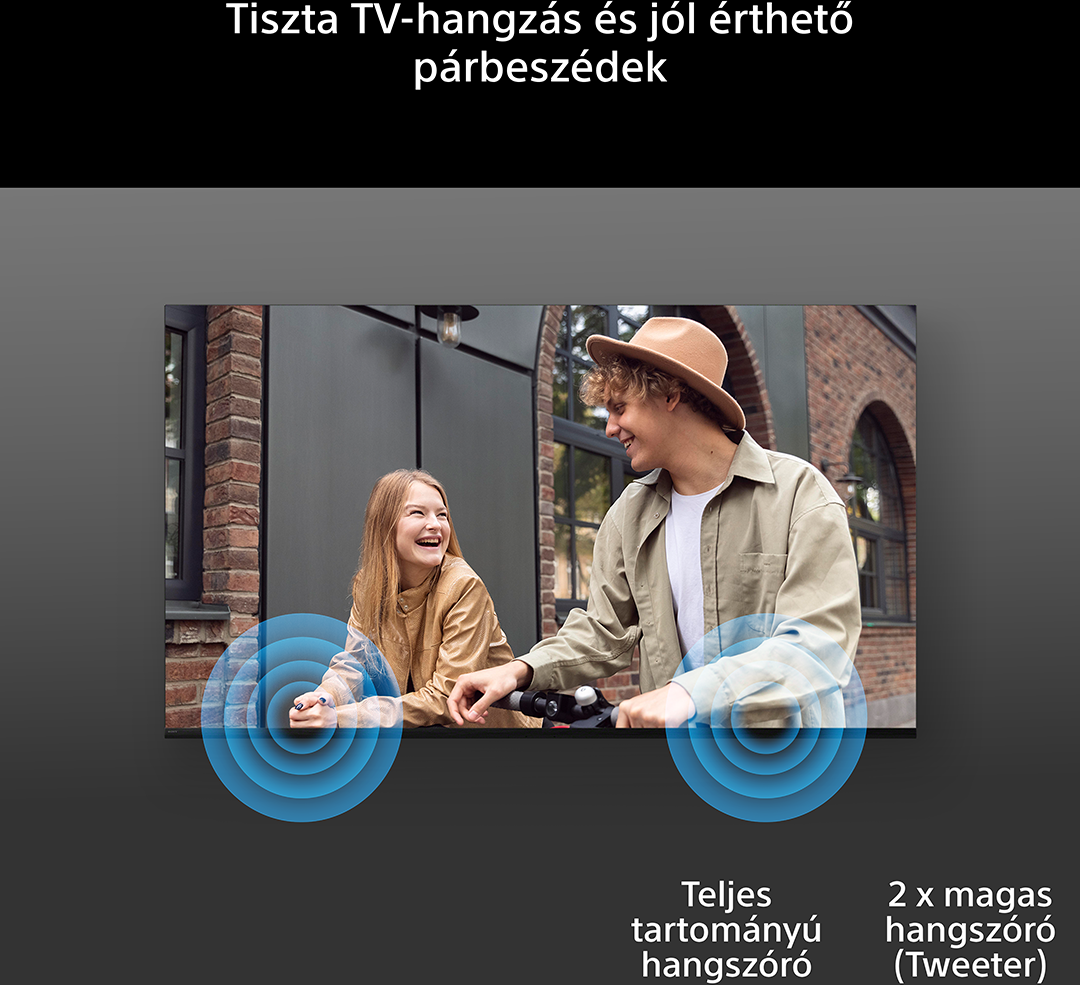 Boldog pár egy robogón, TV képernyőn megjelenítve hanghullám grafikával.