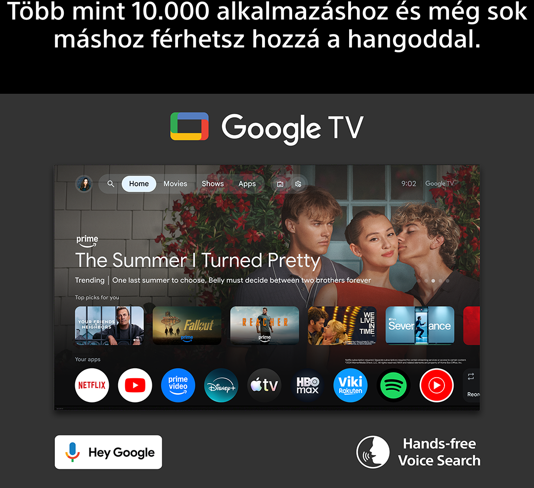 Google TV felhasználói felület alkalmazásikonokkal és a 'The Summer I Turned Pretty' kezdőképernyőjével.