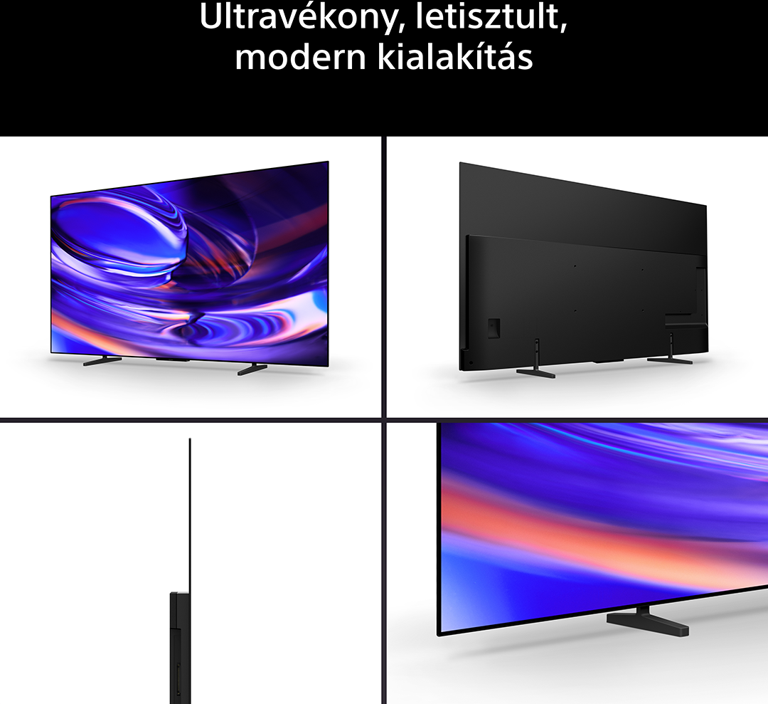 Négy nézet egy ultravékony, modern TV-ről, absztrakt kijelzővel.