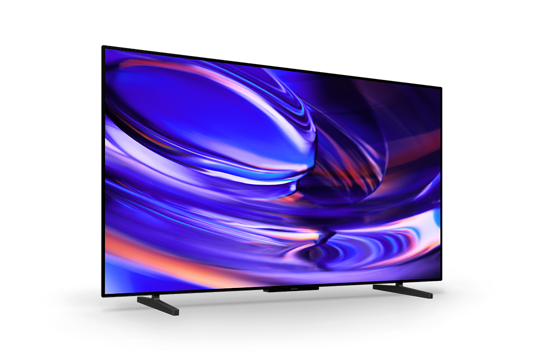 Síkképernyős TV fehér háttérrel, képernyőjén lila és kék absztrakt grafikával.